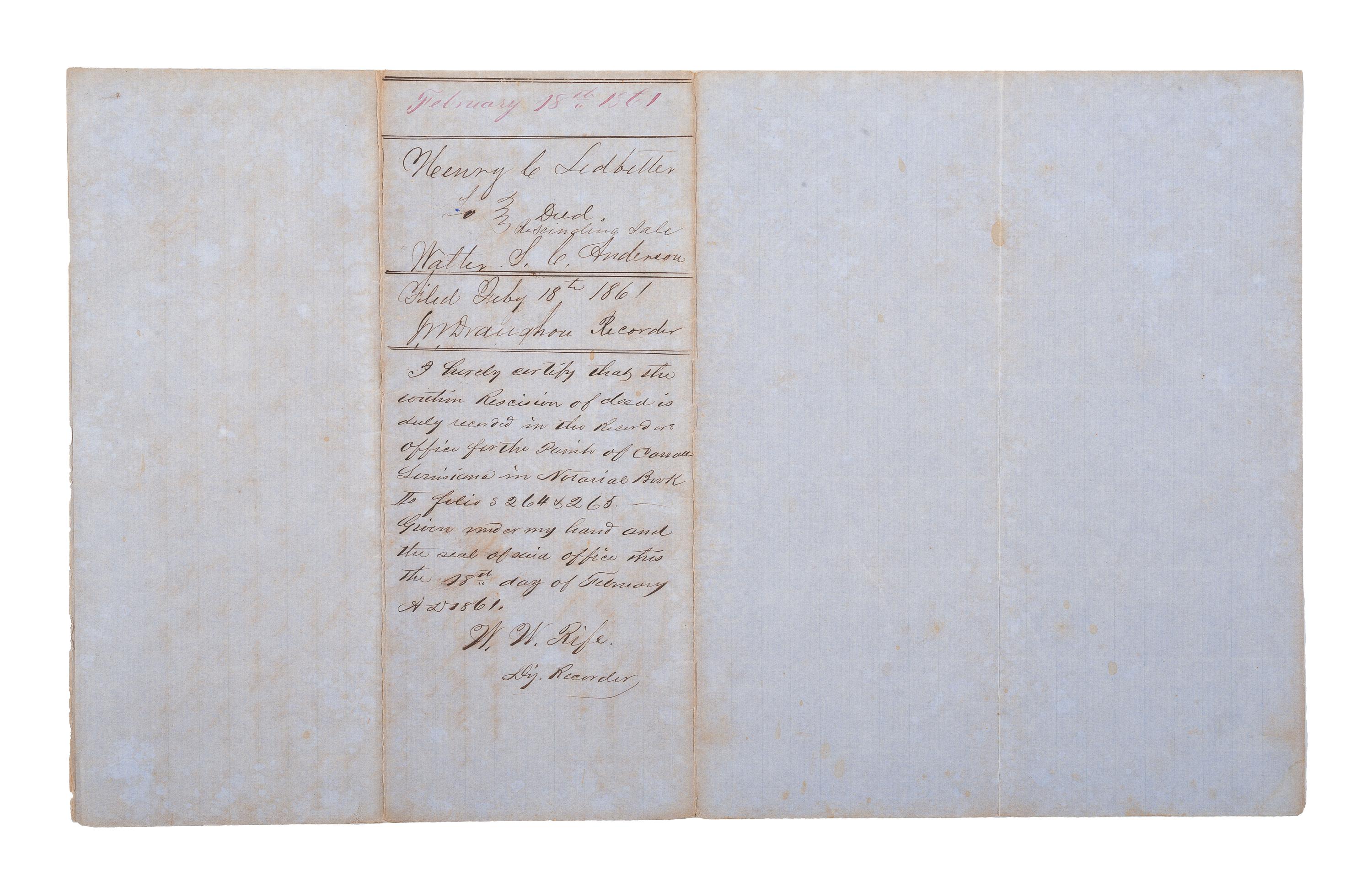 [SLAVERY & ABOLITION]. Manuscript bill of sale for enslaved men Abram, Solomon, and Rufus. Carroll Parish, LA, 18 February 1861.