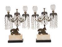 A Pair of Regency Gilt Bronze, Cut Glass and Marble Girandoles
