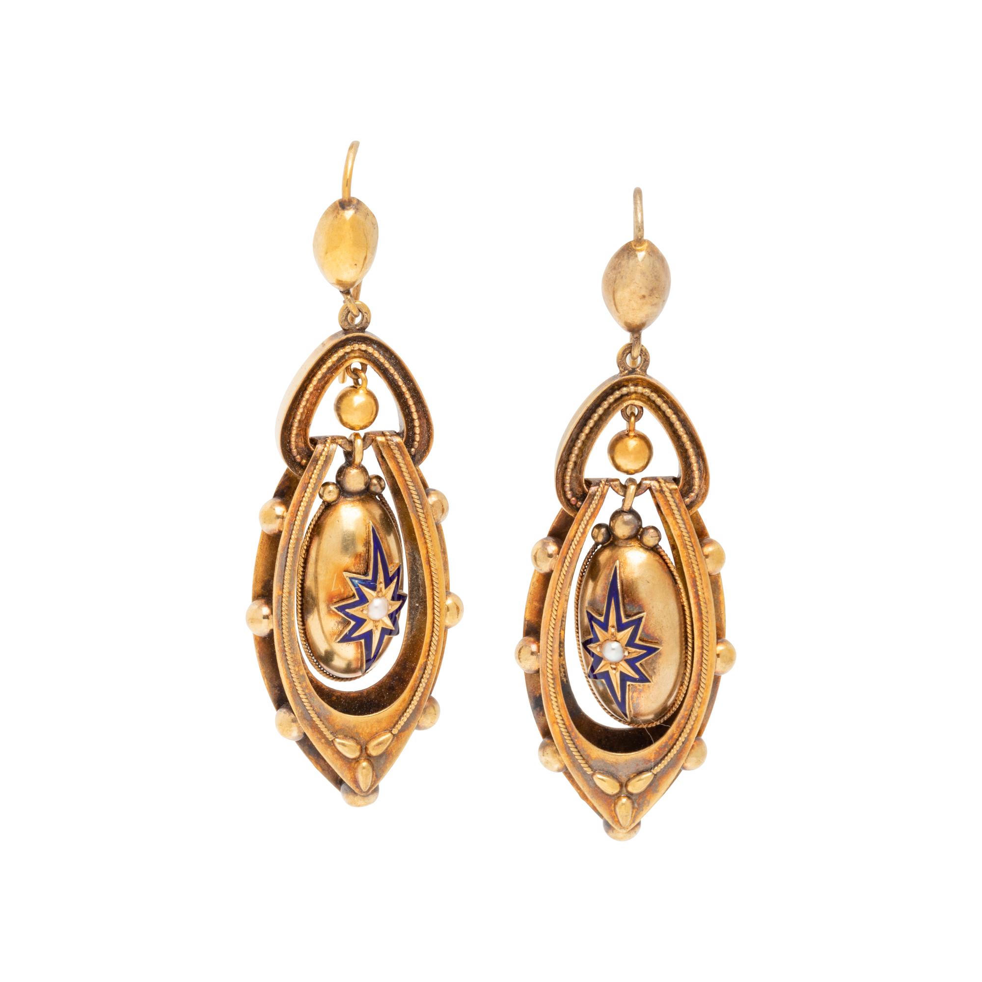 ETRUSCAN REVIVAL, GOLD-FILLED SEED PEARL AND ENAMEL EARRINGS