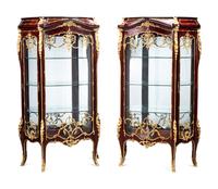 A Pair of Louis XV Style Gilt Bronze Mounted Mahogany Vitrine Cabinets