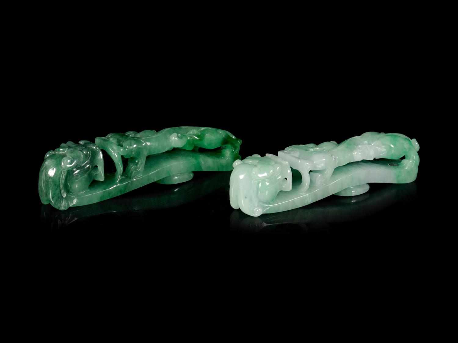 Two Chinese Jadeite 'Chilong' Belt Hooks