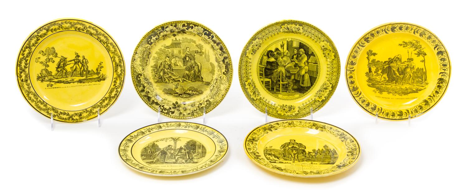 Six French Transfer Decorated Plates Diameter 8 1/2 inches.