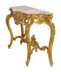 A Pair of Louis XV Style Giltwood Marble-Top Console Tables