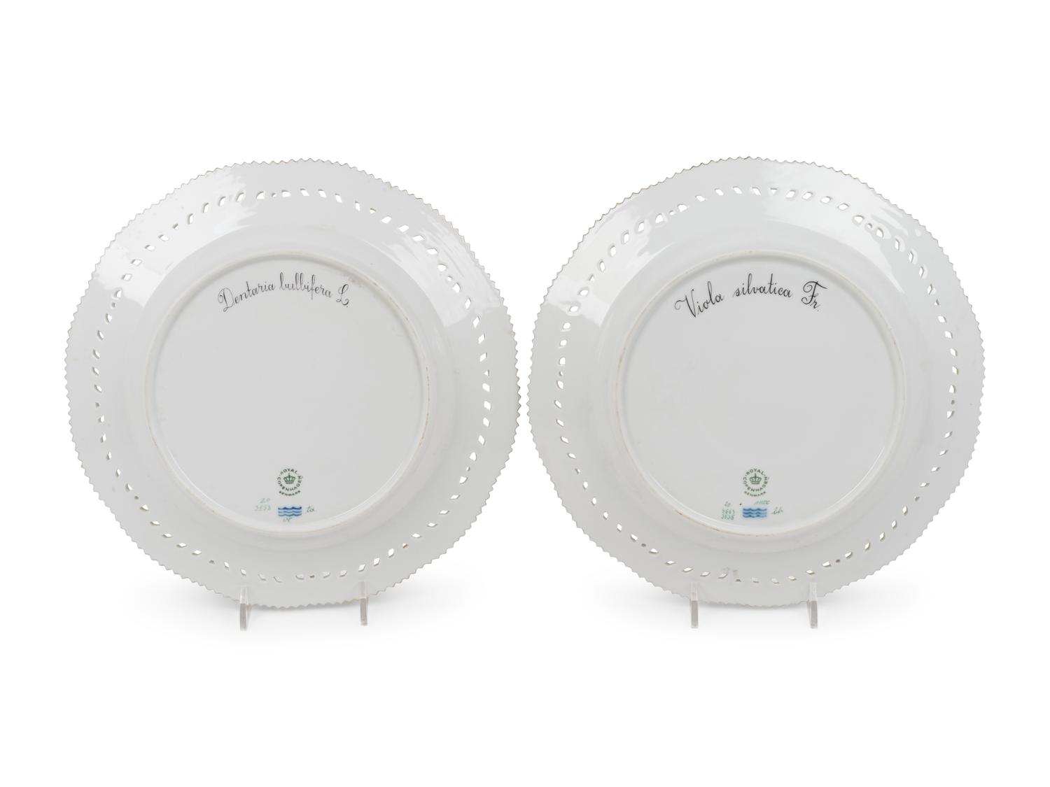 Two Royal Copenhagen Flora Danica Reticulated Dinner Plates