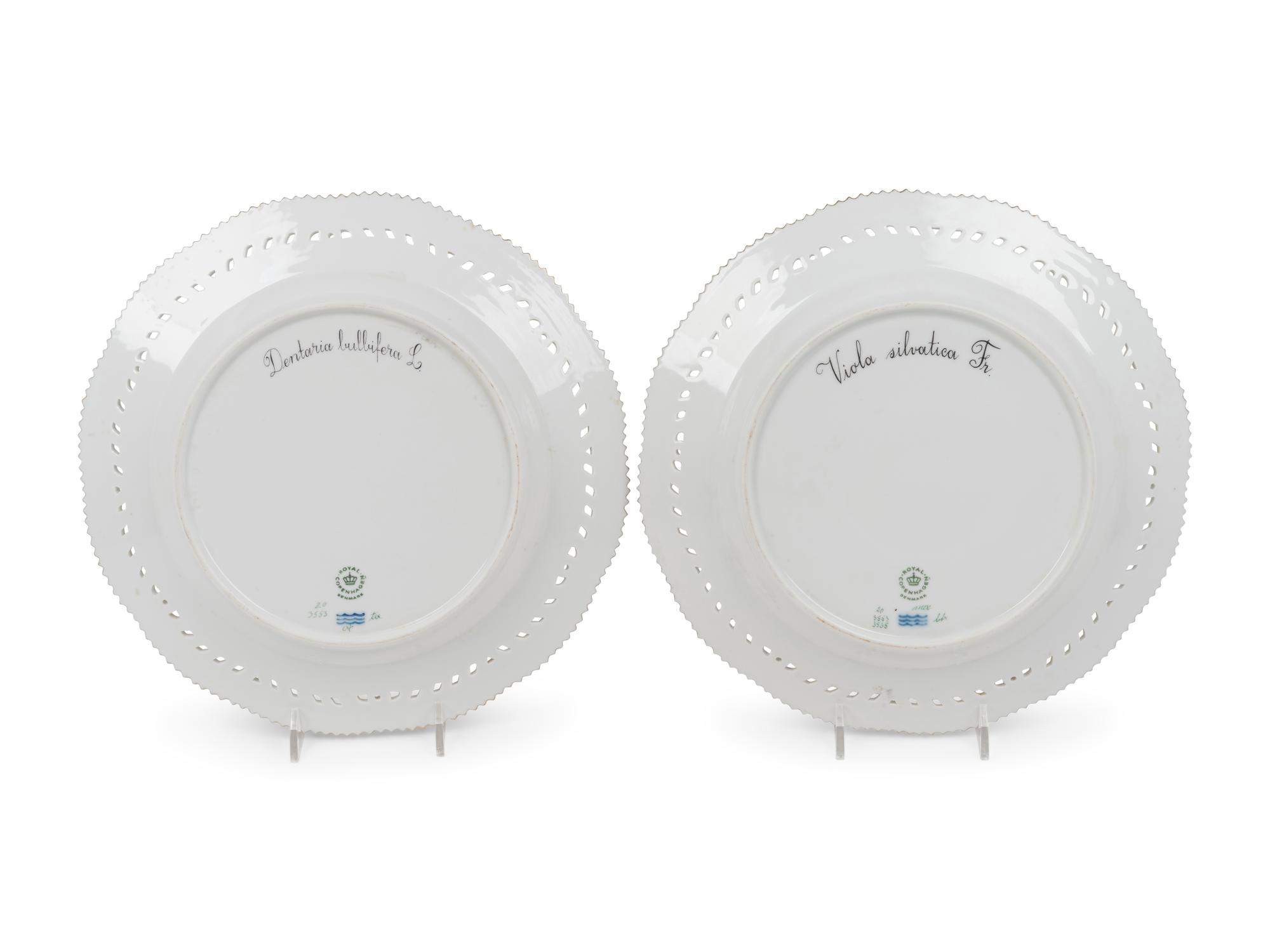 Two Royal Copenhagen Flora Danica Reticulated Dinner Plates