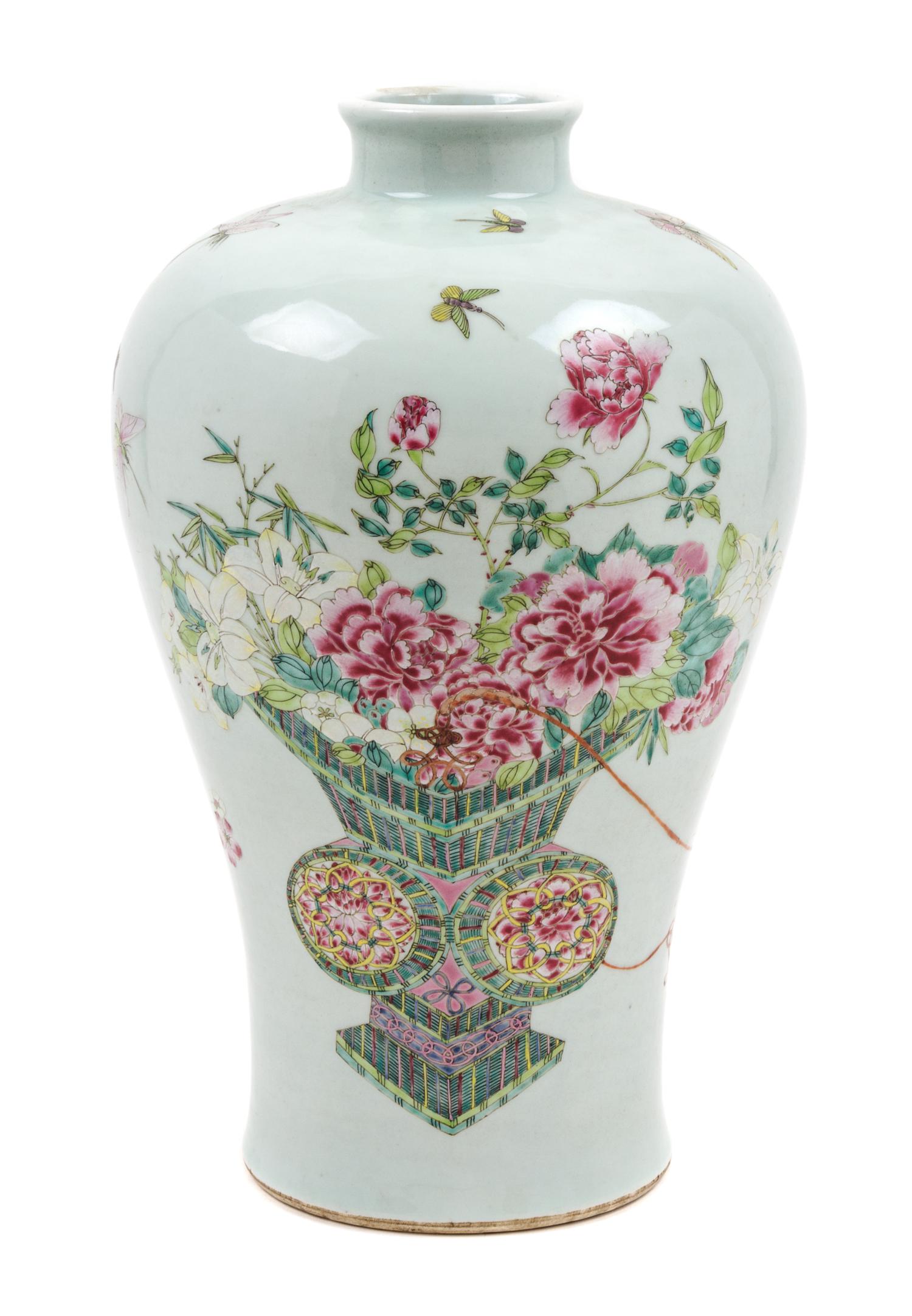 A Chinese Export Famille Rose Porcelain Meiping Vase Height 13 1/4 inches.