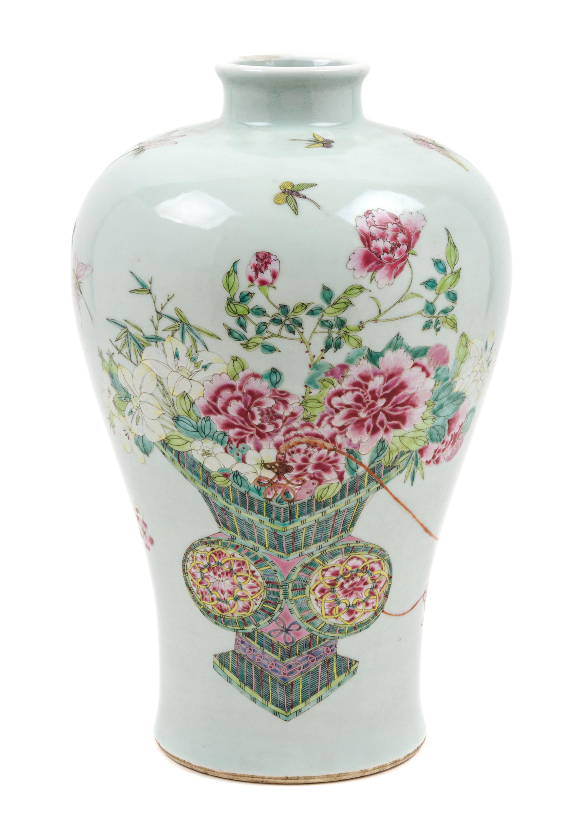 A Chinese Export Famille Rose Porcelain Meiping Vase Height 13 1/4 inches.