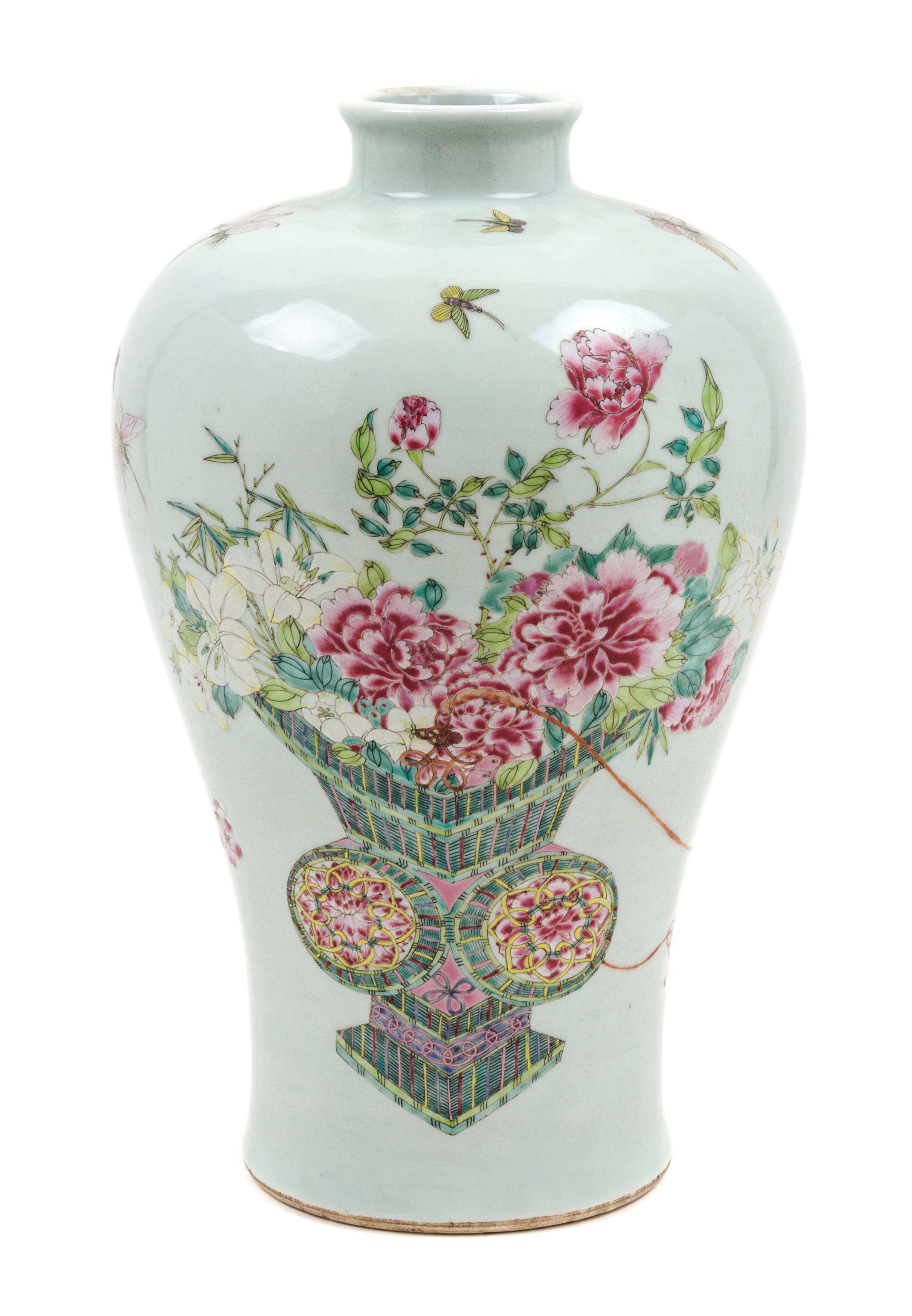 A Chinese Export Famille Rose Porcelain Meiping Vase Height 13 1/4 inches.