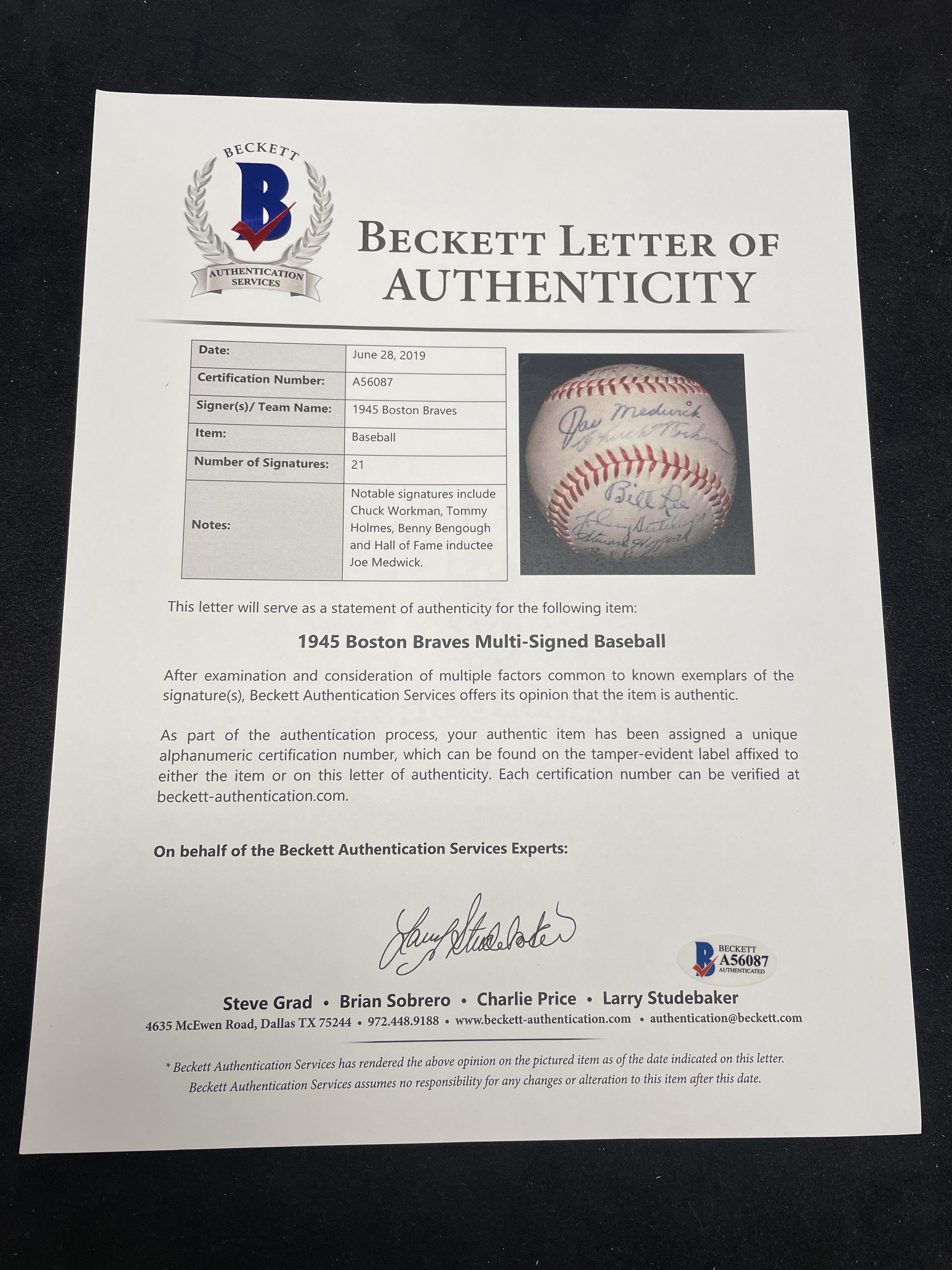 A 1945 Boston Braves Team Signed Autograph Baseball (Beckett Authentication Services Letter of Authenticity),