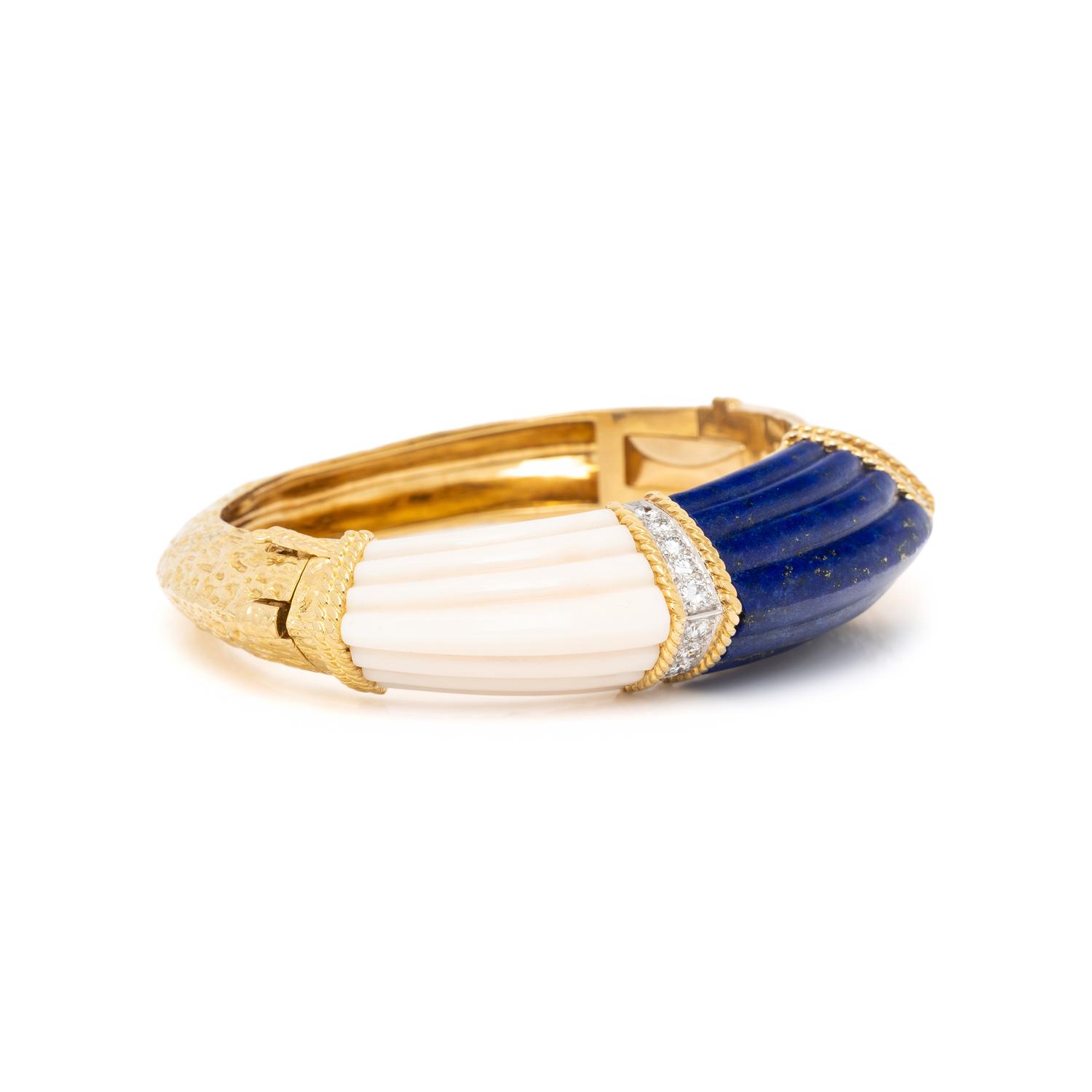 FRENCH, LAPIS LAZULI, ANGELSKIN CORAL, DIAMOND, AND YELLOW GOLD BANGLE BRACELET