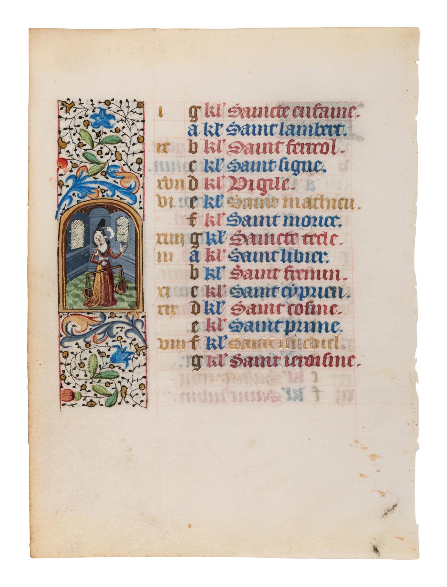 A pair of calendar leaves from the mid-fifteenth century, illuminated in Bruges and Paris with scenes of the Labors of the Month and Signs of the Zodiac.