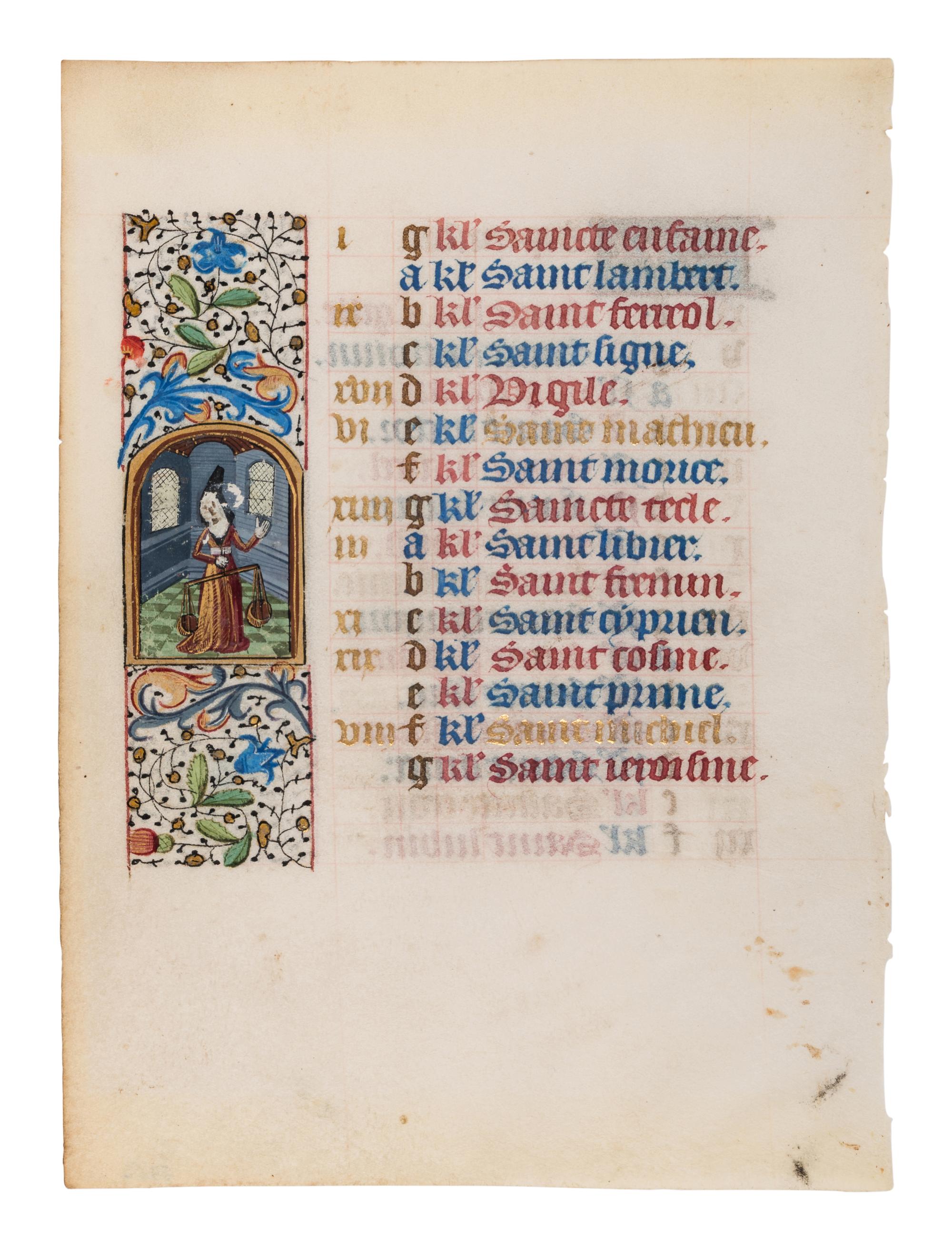 A pair of calendar leaves from the mid-fifteenth century, illuminated in Bruges and Paris with scenes of the Labors of the Month and Signs of the Zodiac.