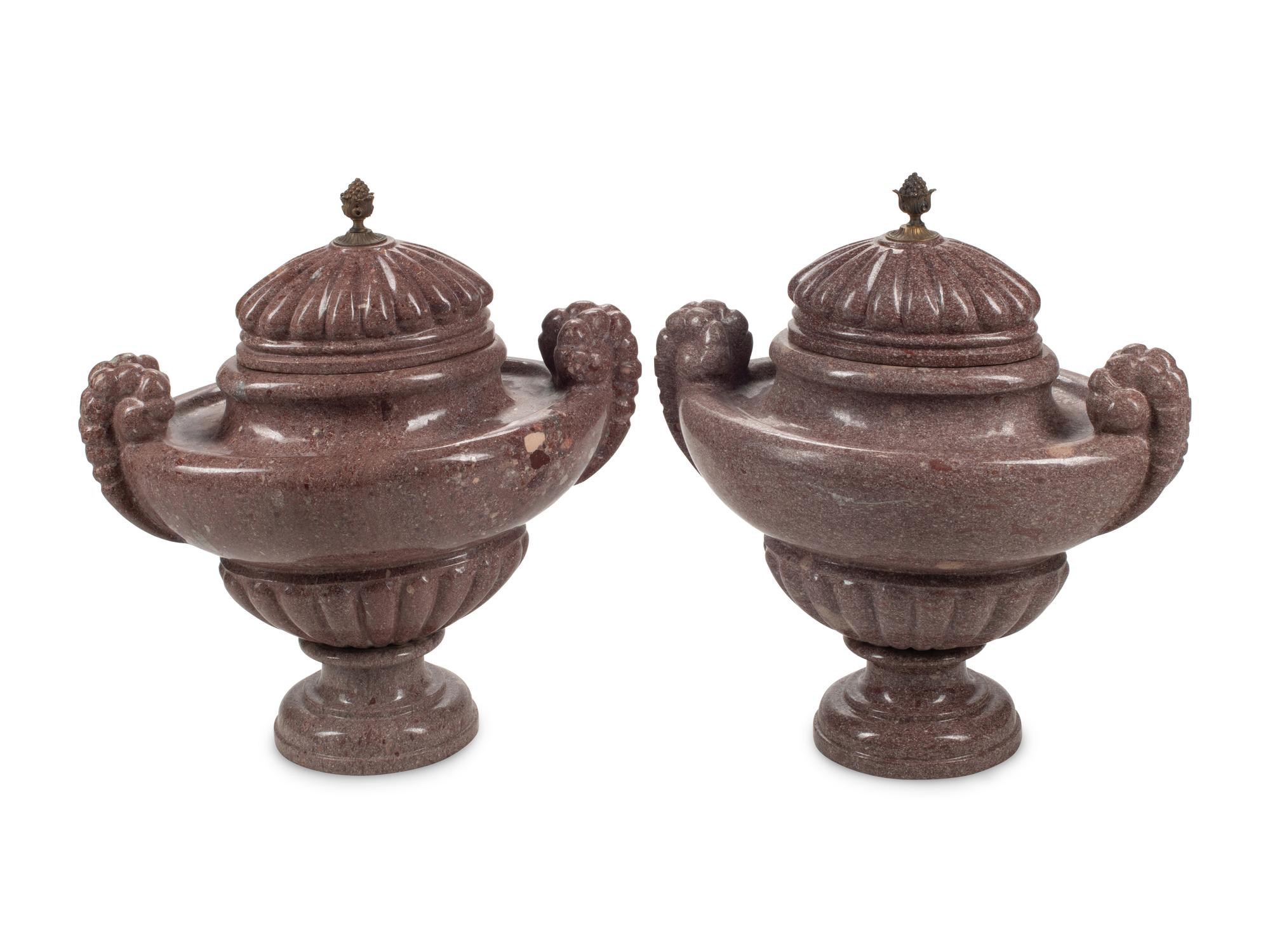 A Pair of Unusual Gilt Bronze Mounted Carved Marble Ornamental Urns