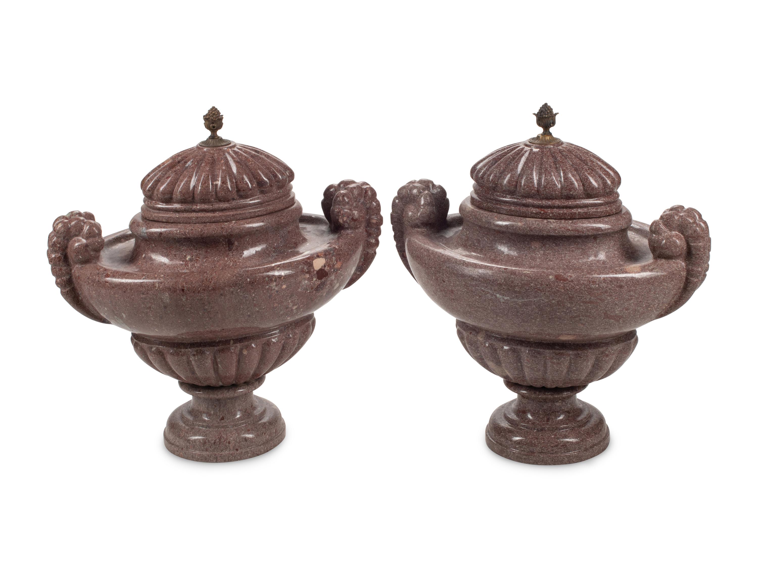 A Pair of Unusual Gilt Bronze Mounted Carved Marble Ornamental Urns