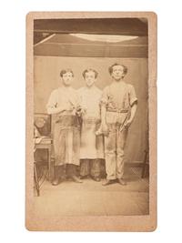[EARLY PHOTOGRAPHY]. CDV of itinerant photographers with a camera. [Salem, PA]: C.L. Leonard's Portable Gallery, ca 1860s.