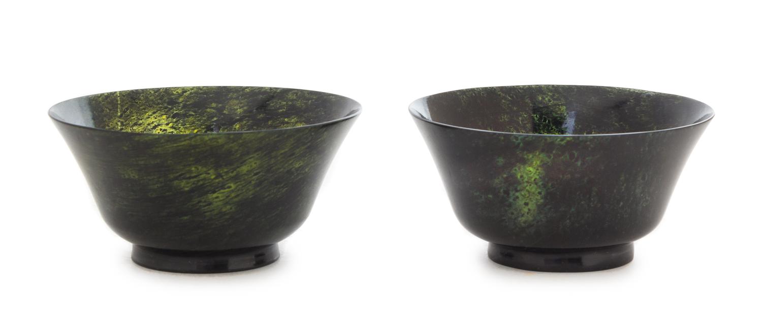 A Pair of Spinach Jade Bowls Diameter of each 5 1/4 inches.
