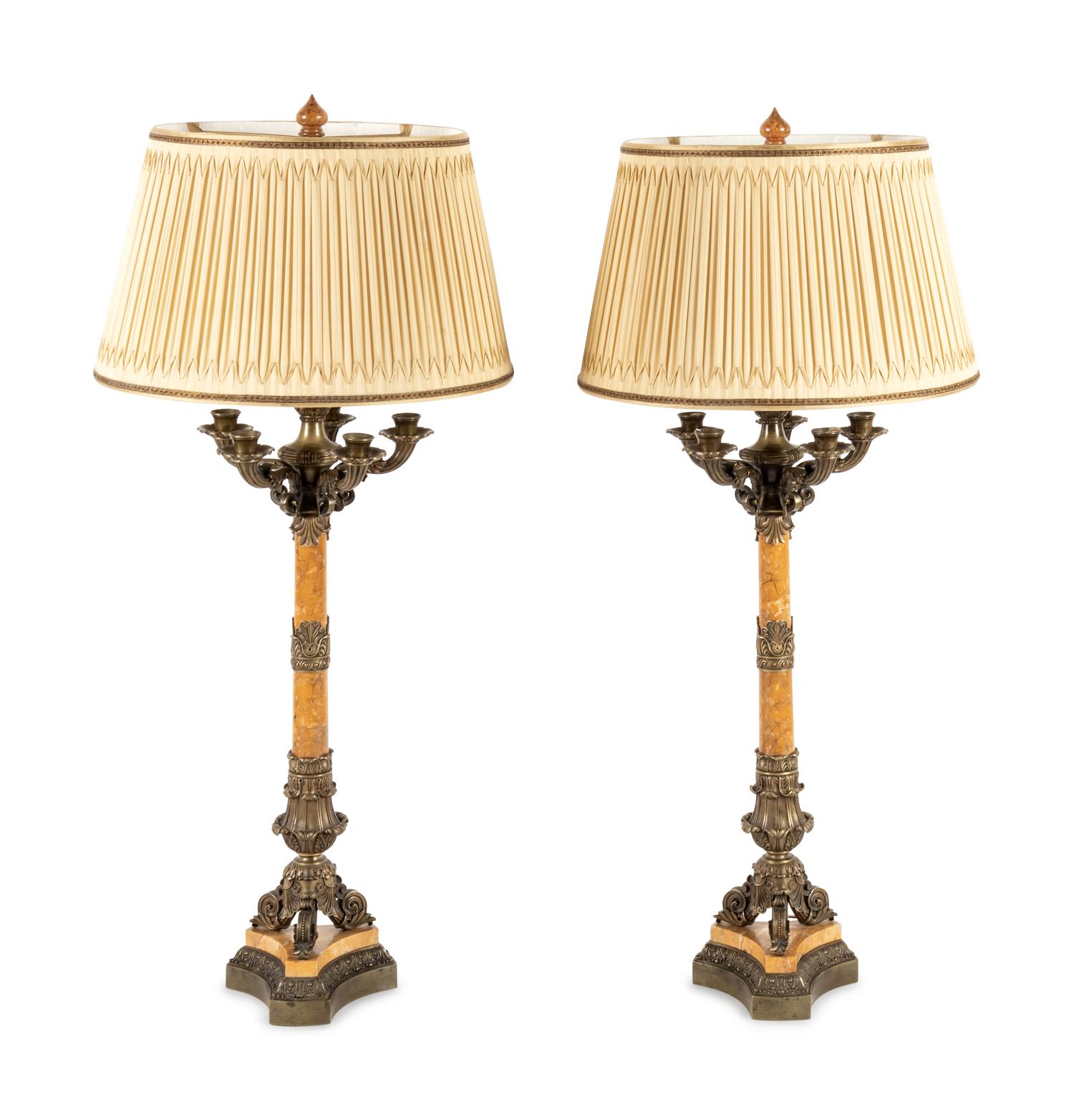 A Pair of Charles X Bronze and Marble Six-Light Candelabra
