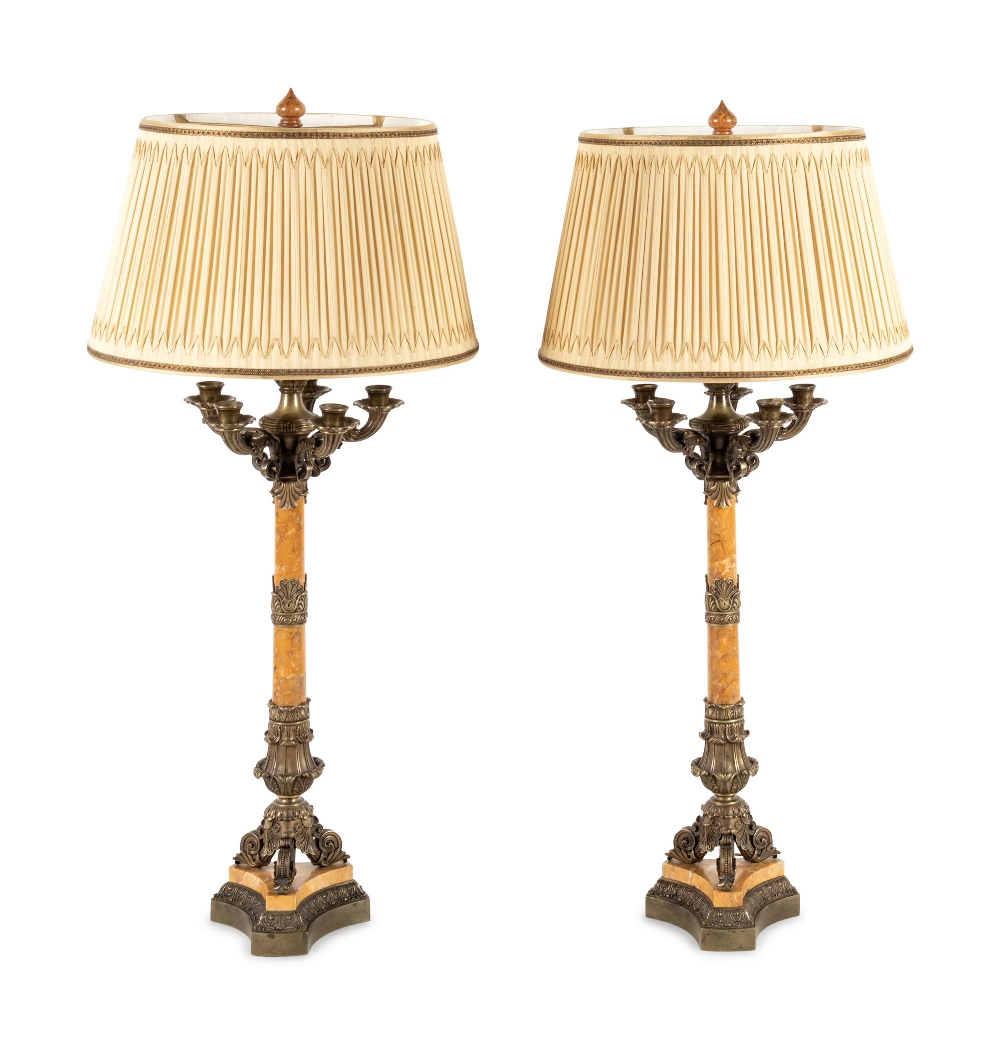 A Pair of Charles X Bronze and Marble Six-Light Candelabra