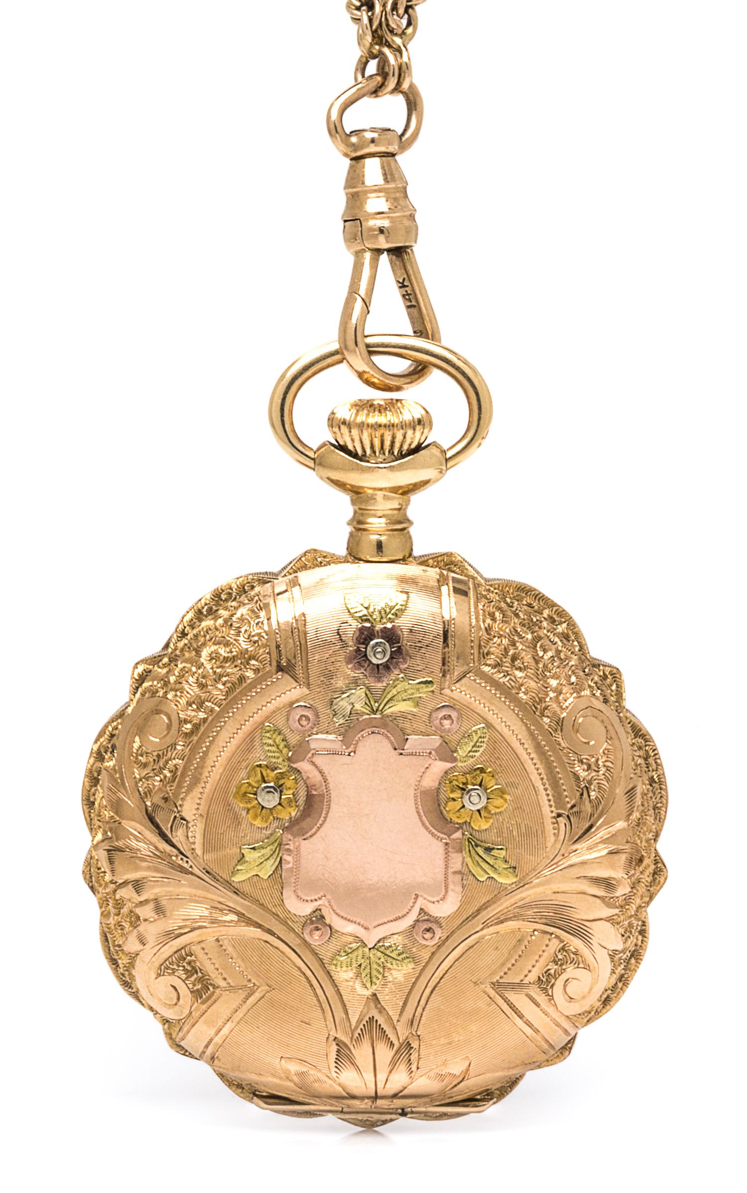 A 14 Karat Tricolor Gold Hunter Case Pocket Watch and Longchain, Elgin, Circa 1908,