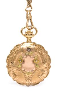 A 14 Karat Tricolor Gold Hunter Case Pocket Watch and Longchain, Elgin, Circa 1908,