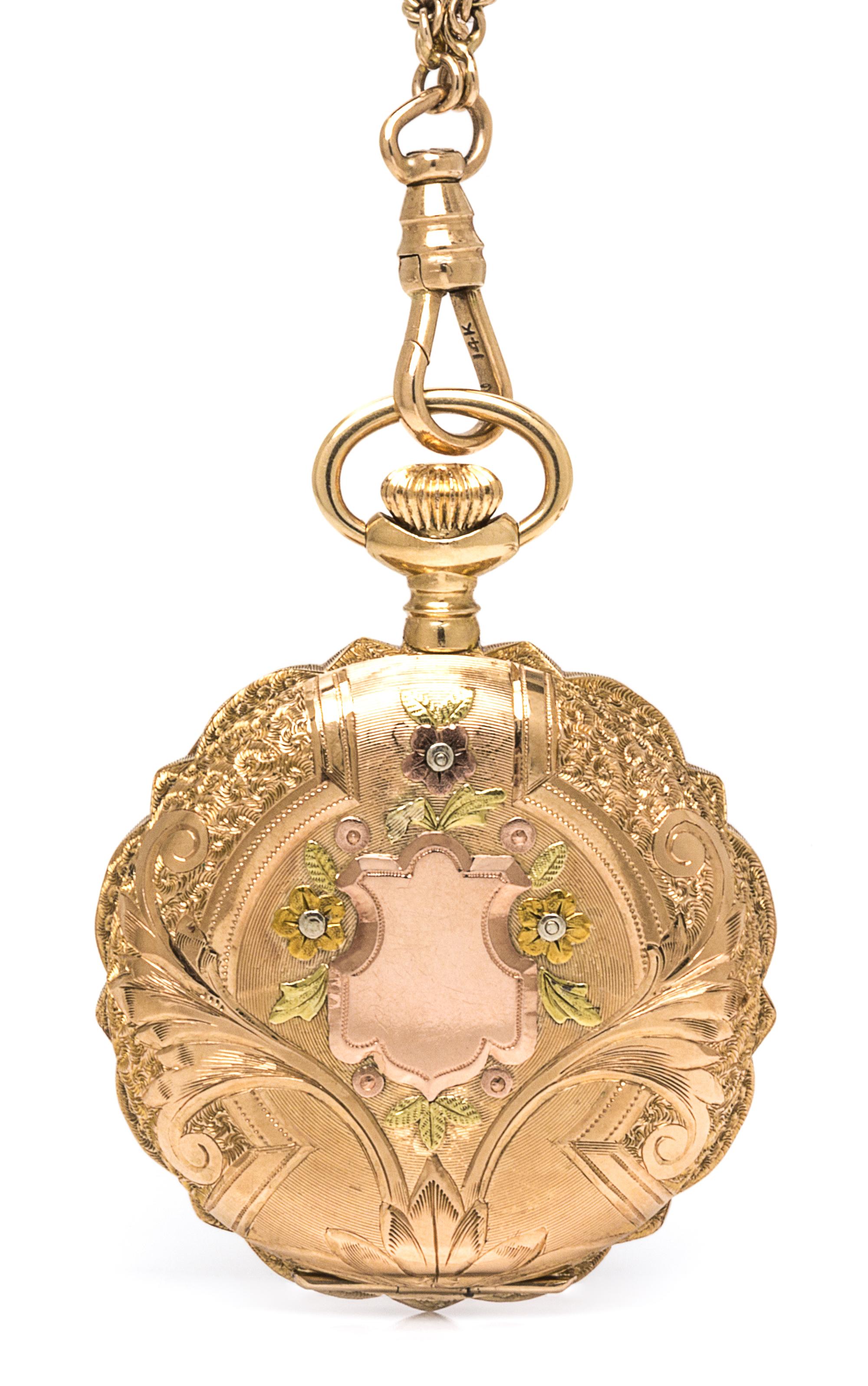 A 14 Karat Tricolor Gold Hunter Case Pocket Watch and Longchain, Elgin, Circa 1908,