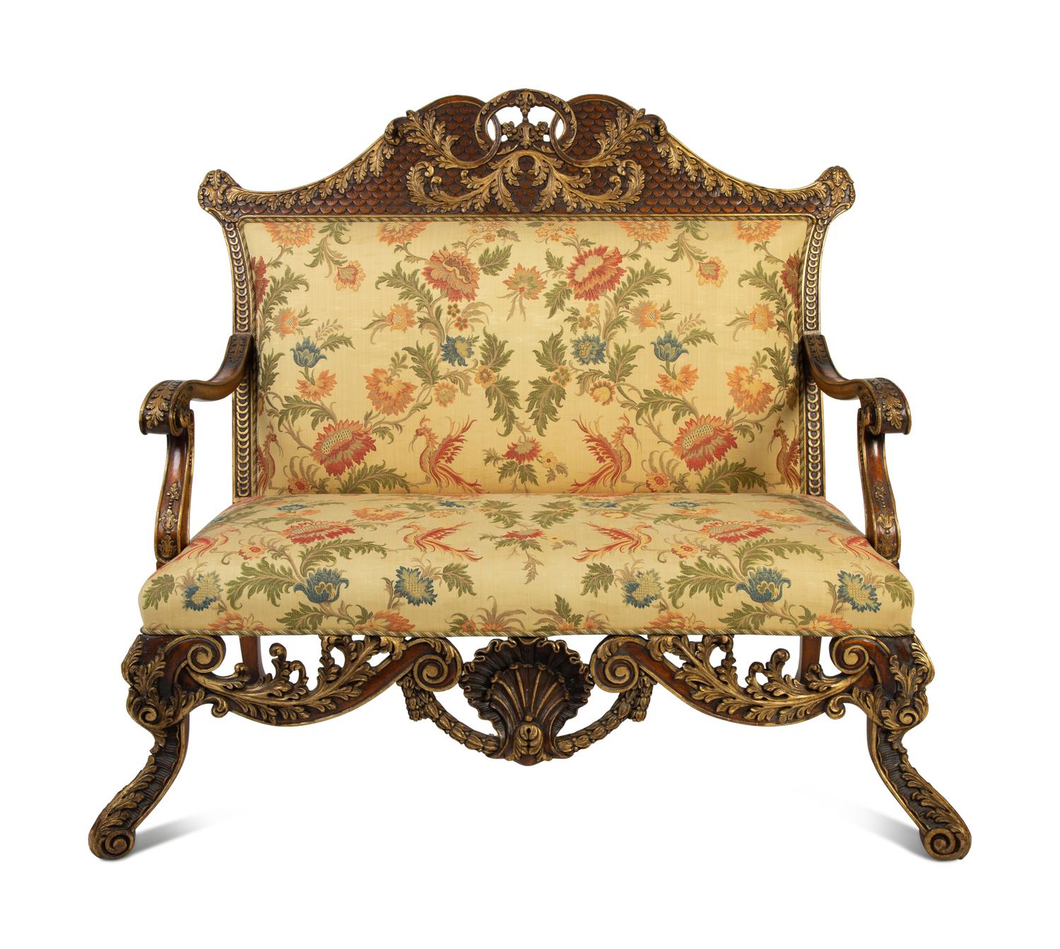 A Portuguese Carved Oak and Parcel Gilt Settee — 20TH CENTURY