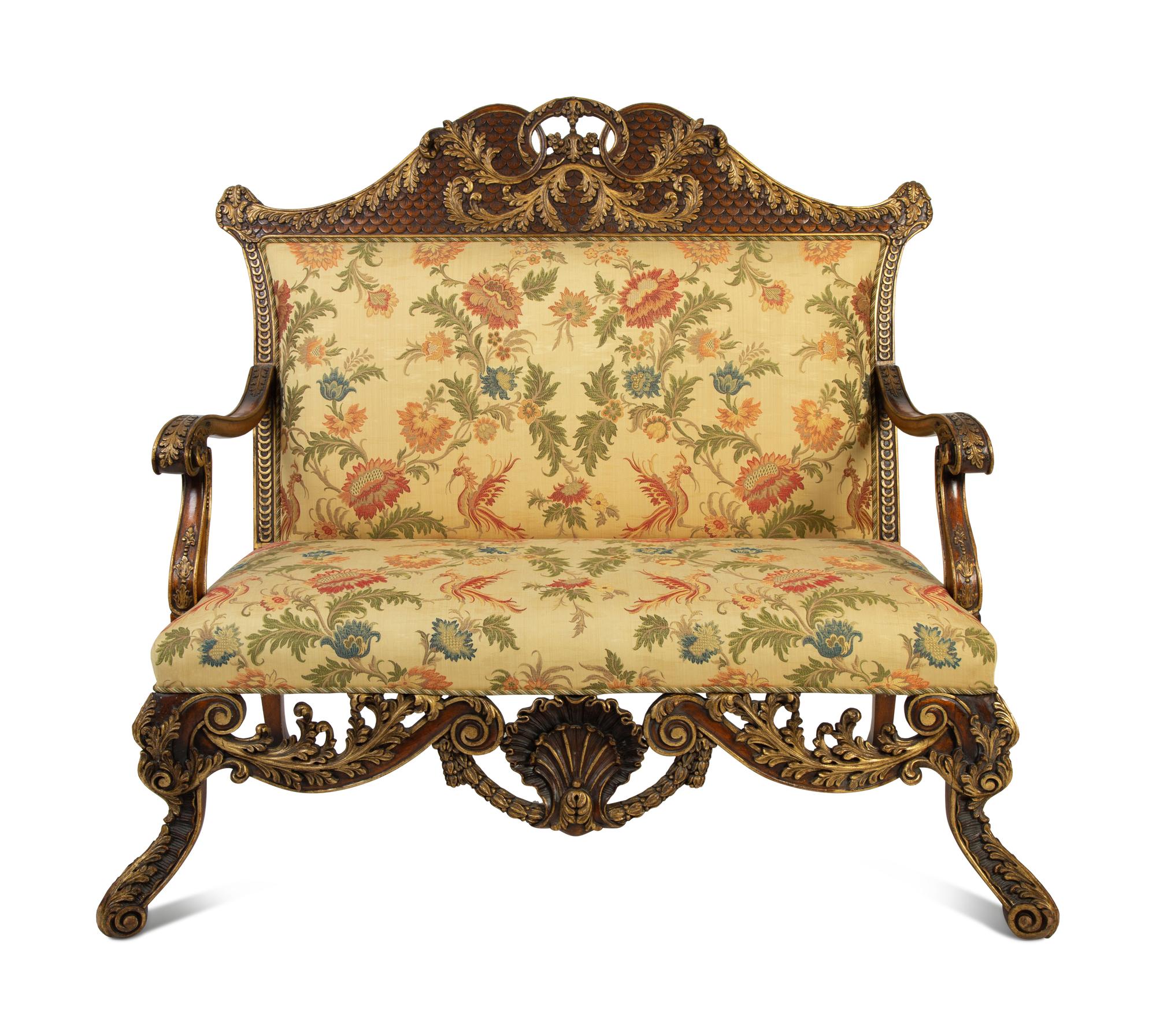 A Portuguese Carved Oak and Parcel Gilt Settee — 20TH CENTURY