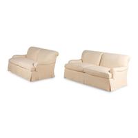 A Pair of Linen-Upholstered Two-Cushion Sofas with Custom Throw Pillows