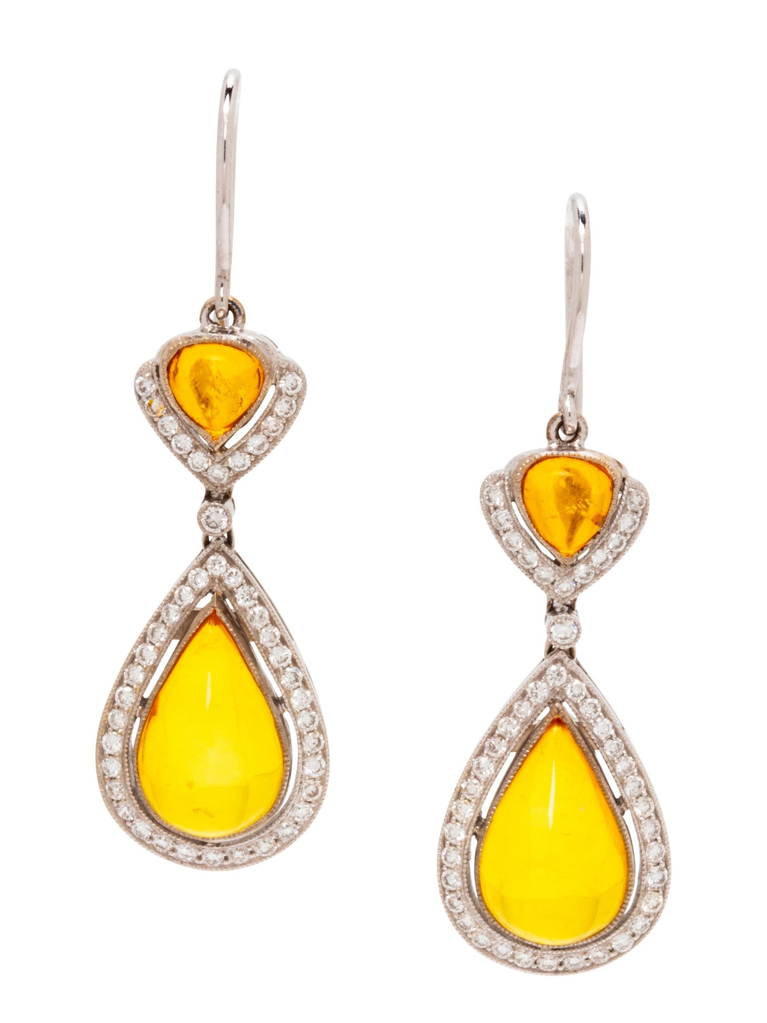 A Pair of 18 Karat White Gold, Amber and Diamond Earrings,