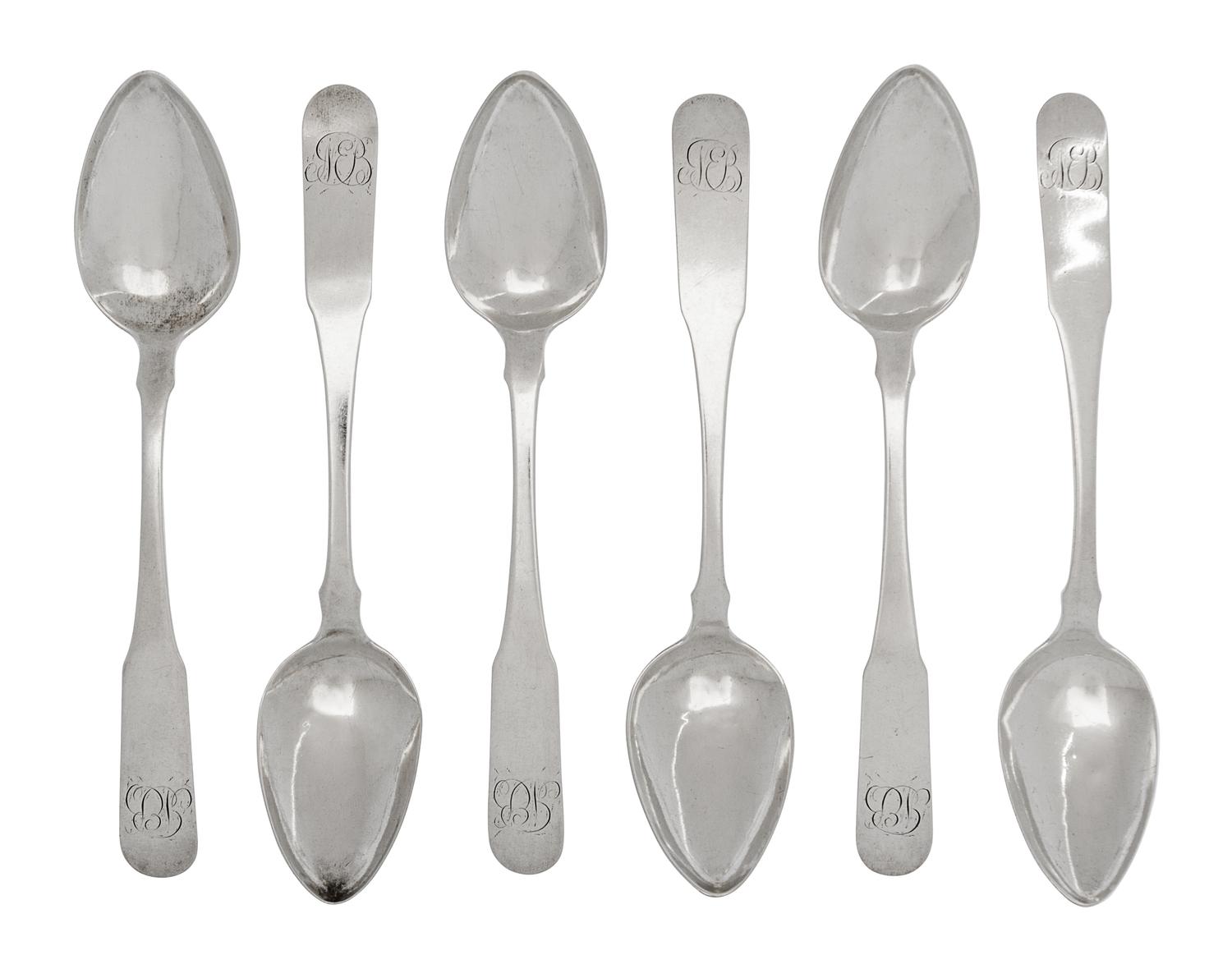 A Set of Ten Coin Silver Spoons,, 19th Century, maker's mark R&G, monogrammed GB.