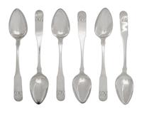 A Set of Ten Coin Silver Spoons,, 19th Century, maker's mark R&G, monogrammed GB.