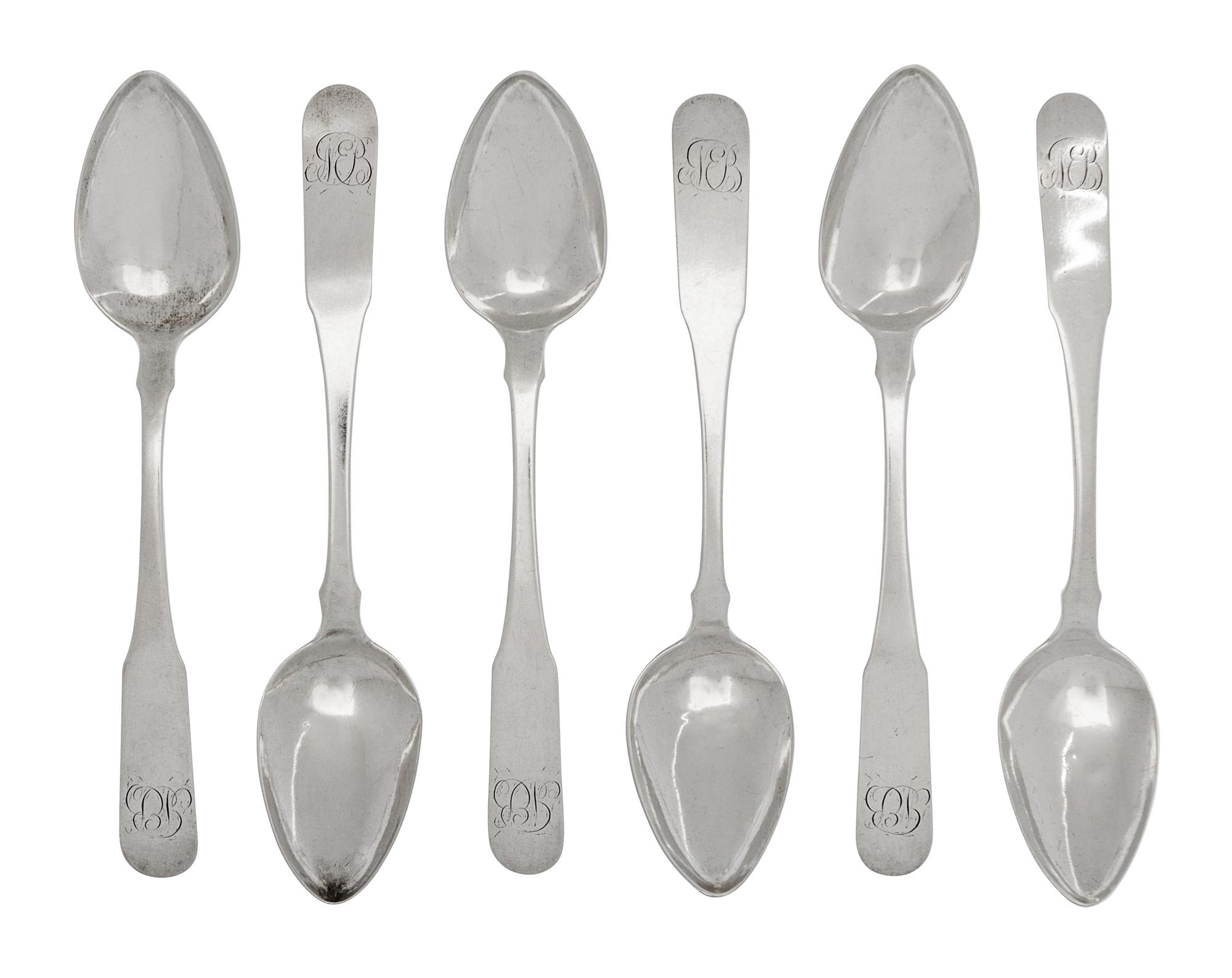 A Set of Ten Coin Silver Spoons,, 19th Century, maker's mark R&G, monogrammed GB.