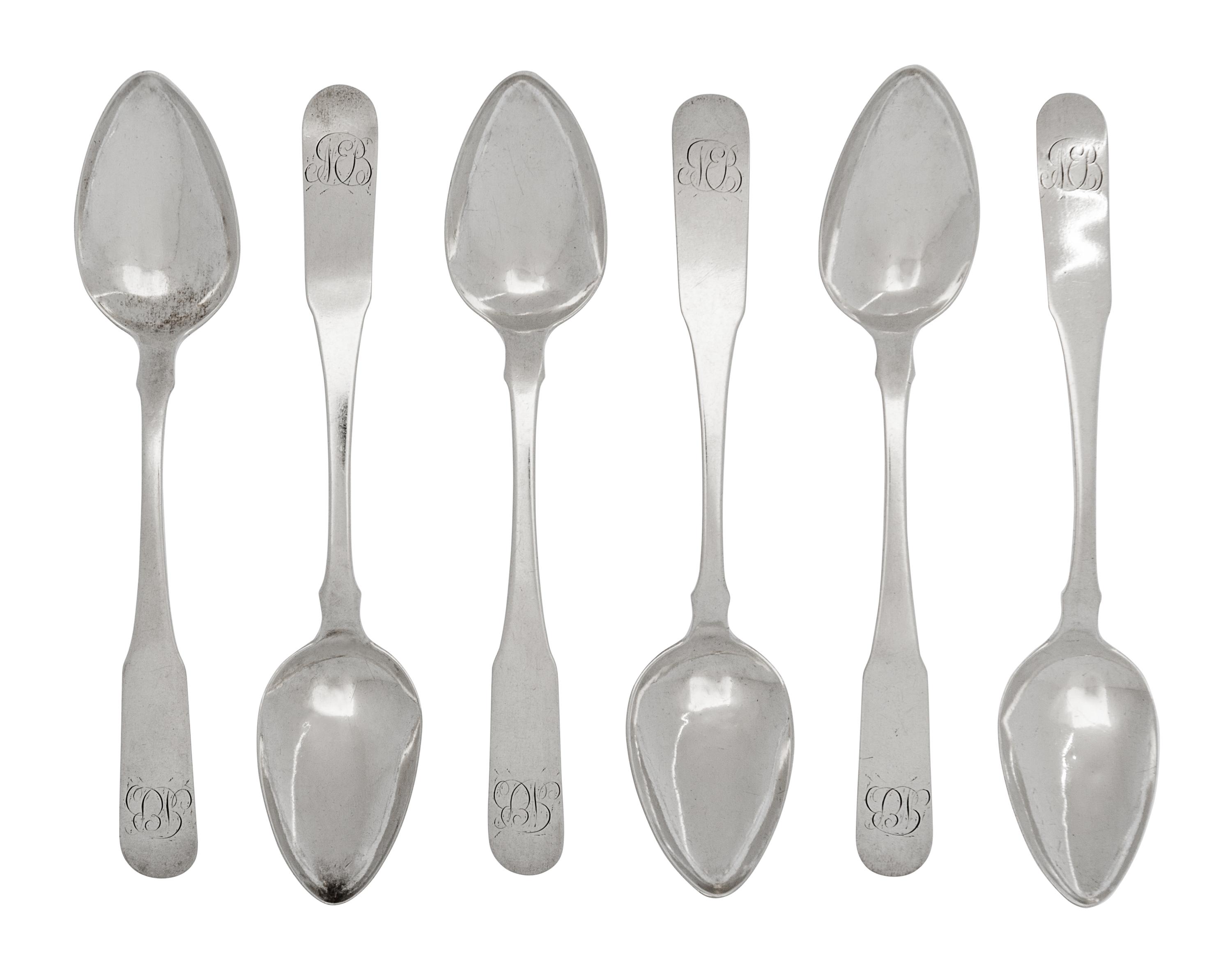 A Set of Ten Coin Silver Spoons,, 19th Century, maker's mark R&G, monogrammed GB.