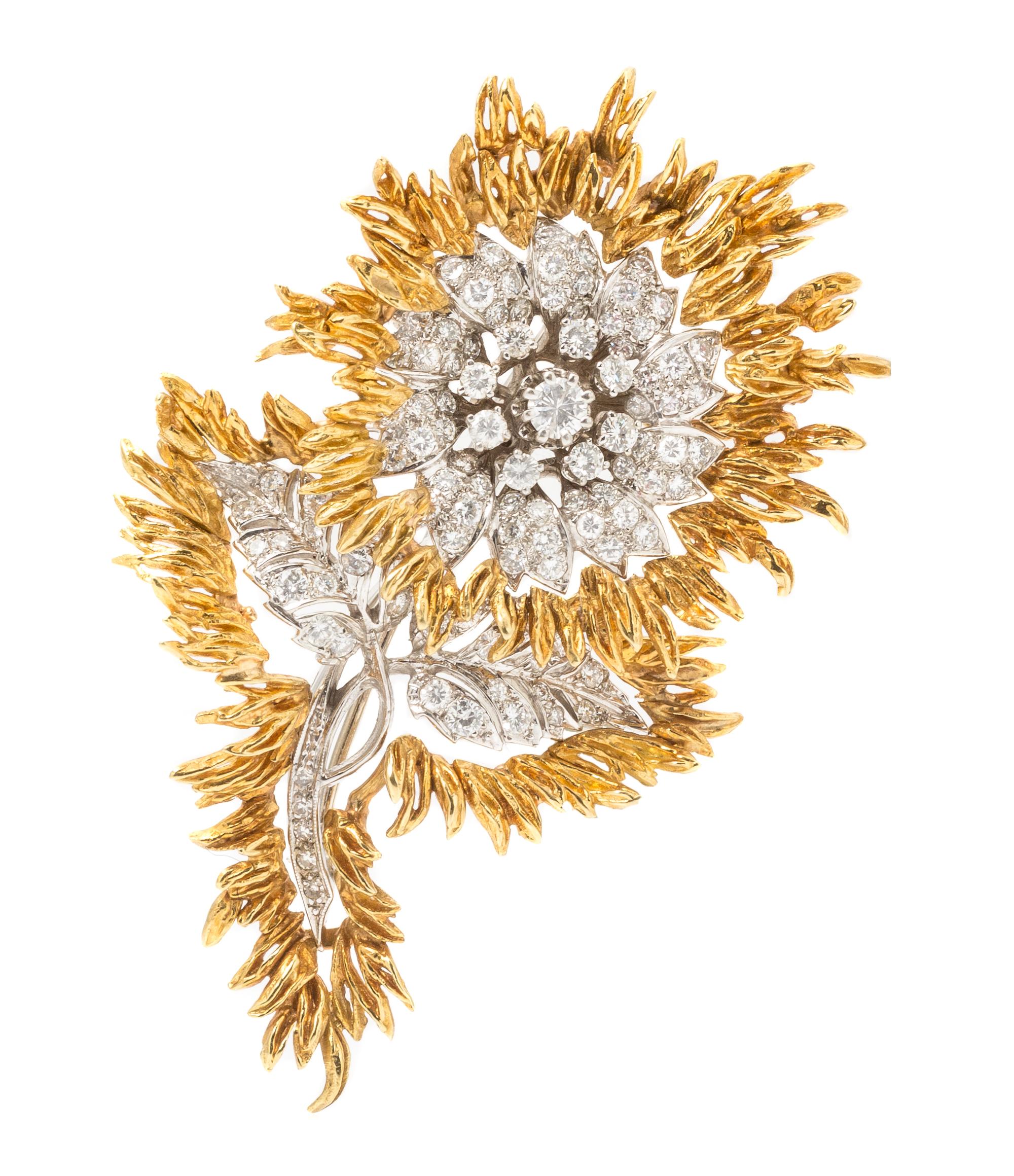 A Vintage White Gold and Diamond Flower Brooch with Removable Yellow Gold Jacket, 17.00 dwts.
