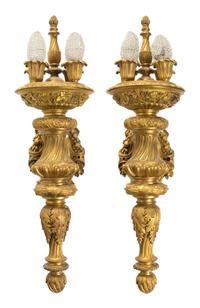 A Pair of Continental Gilt Bronze Four-Light Sconces Height 28 inches.