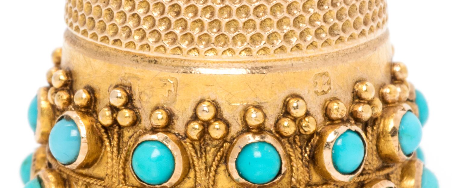 A Victorian Yellow Gold and Turquoise Thimble, Likely James Fenton, Birmingham, 1894, the knurled top and body above two bands inset wi