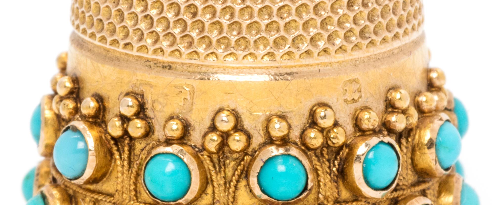 A Victorian Yellow Gold and Turquoise Thimble, Likely James Fenton, Birmingham, 1894, the knurled top and body above two bands inset wi