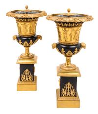 A Pair of Empire Style Gilt and Patinated Bronze Brule-Parfums Height 26 1/2 inches. — MANNER OF PIERRE-PHILIPPE THOMIRE, 19TH CENTURY