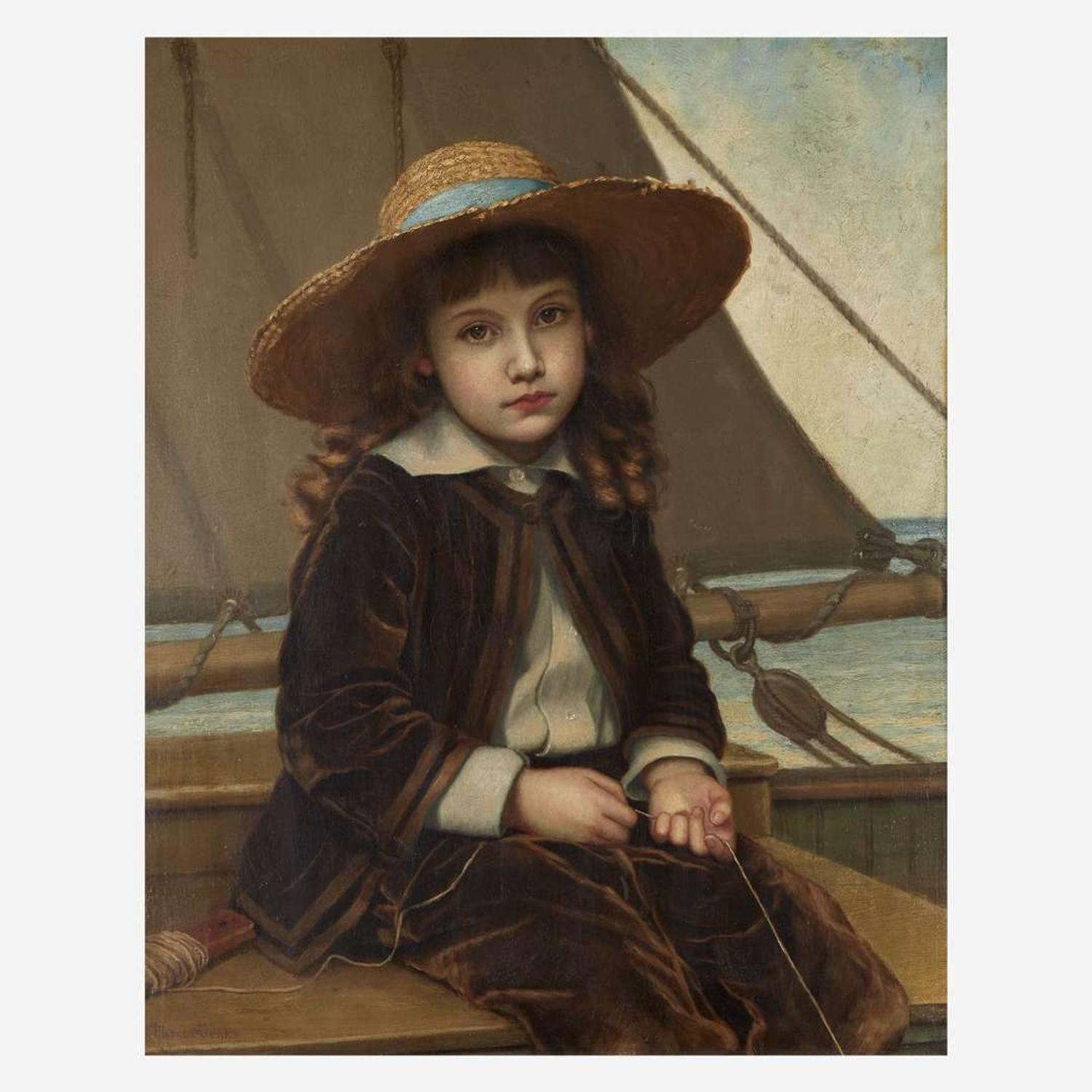 Phoebe A. Jenks (American, 1847-1907) Child in Straw Hat and Velvet Suit Fishing