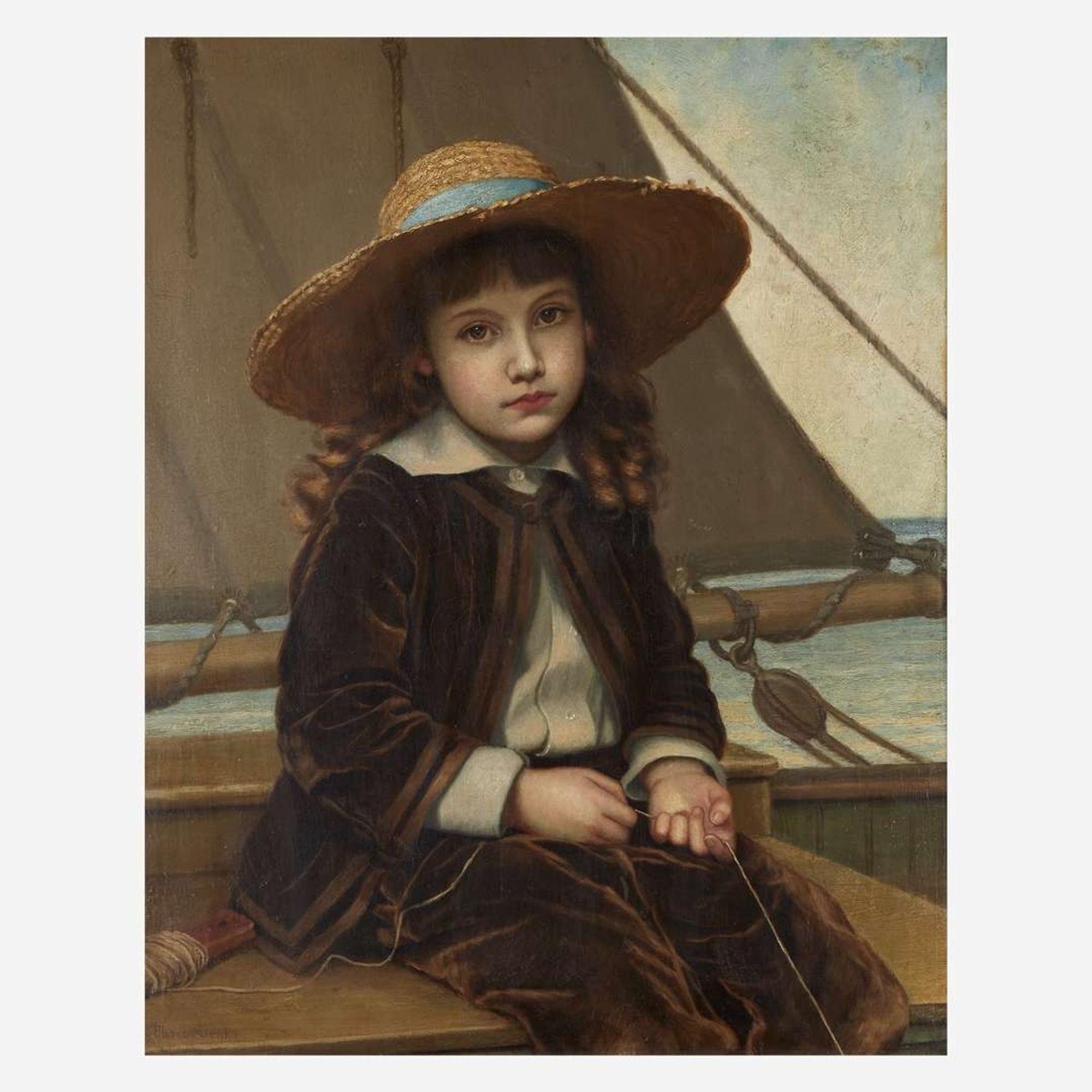 Phoebe A. Jenks (American, 1847-1907) Child in Straw Hat and Velvet Suit Fishing