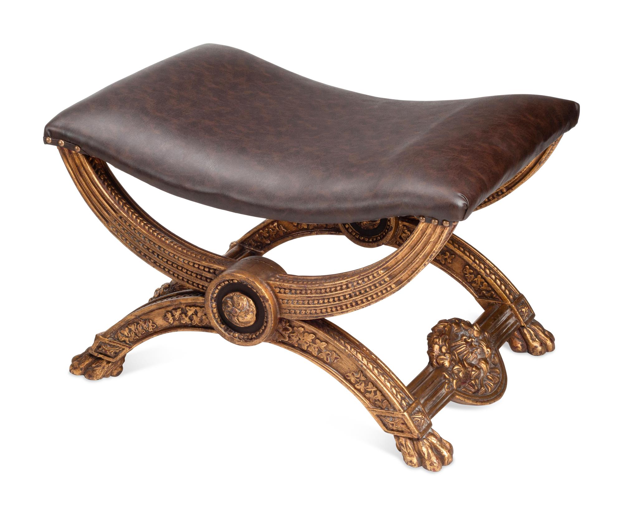 A Set of Four Italian Neoclassical Style Giltwood Benches with Leather Upholstery