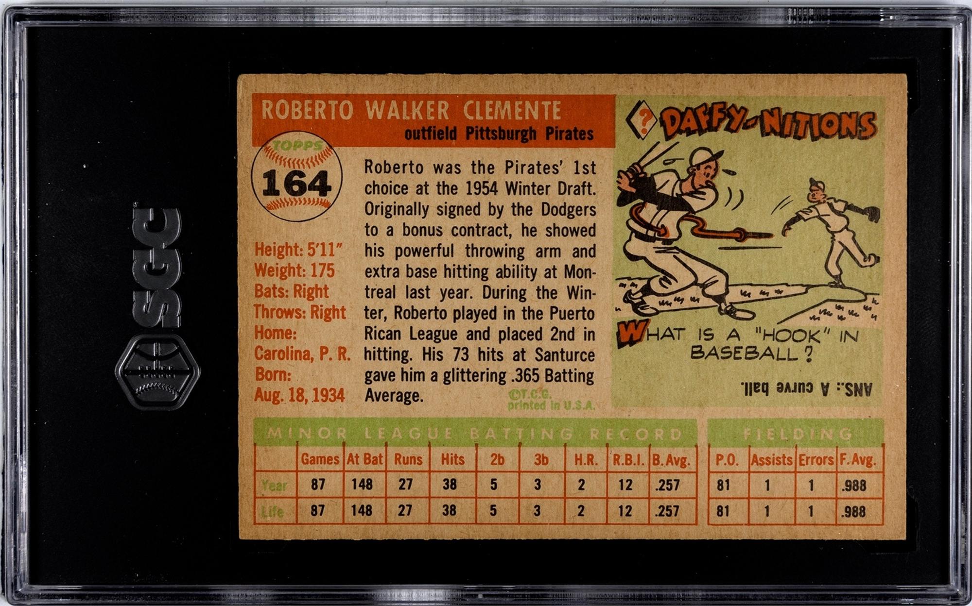 A 1955 Topps Roberto Clemente Rookie Baseball Card No. 164 (SGC 5 EX)