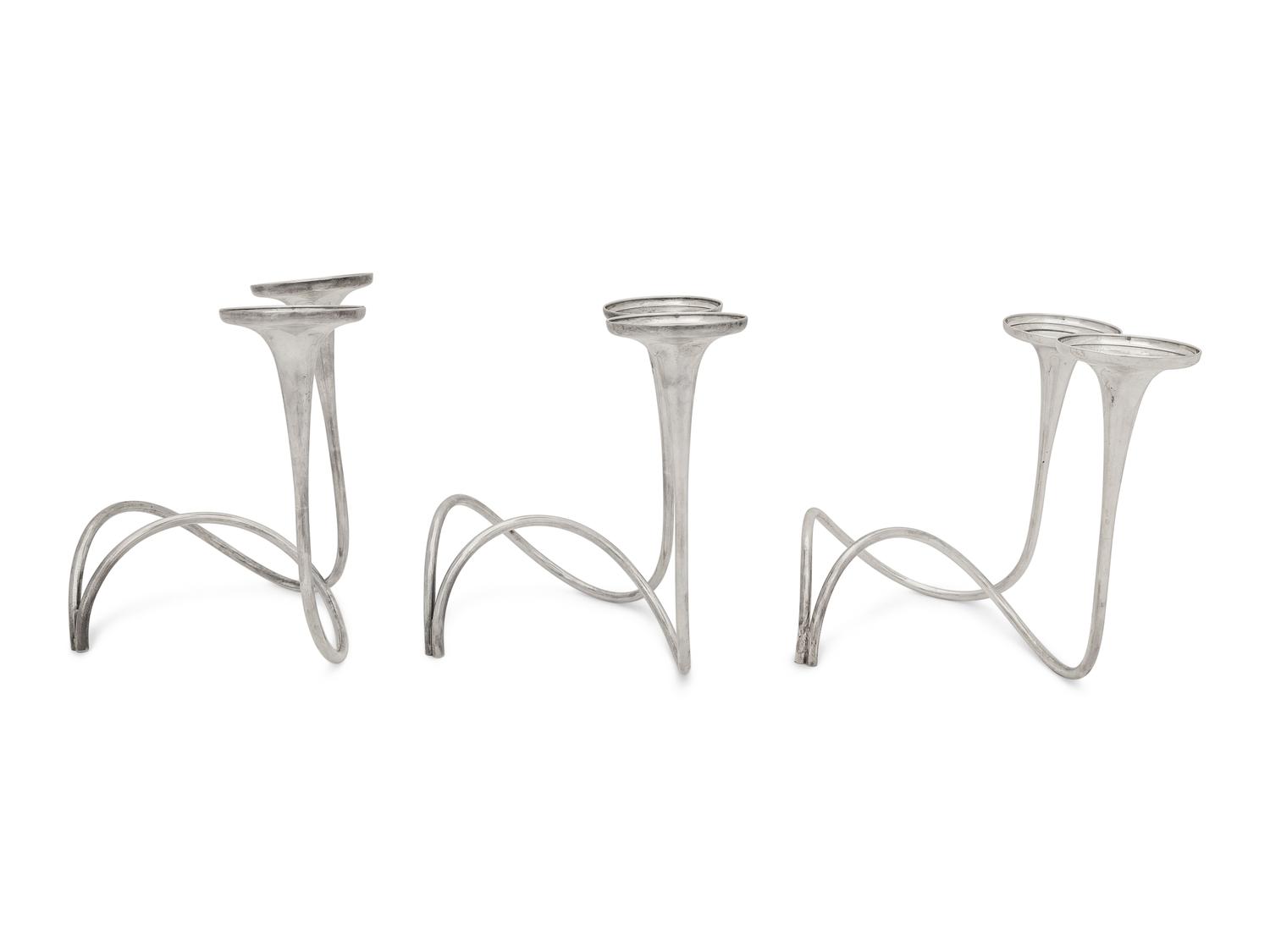 A Set of Three American Modernist Silver Two-Light Candelabra