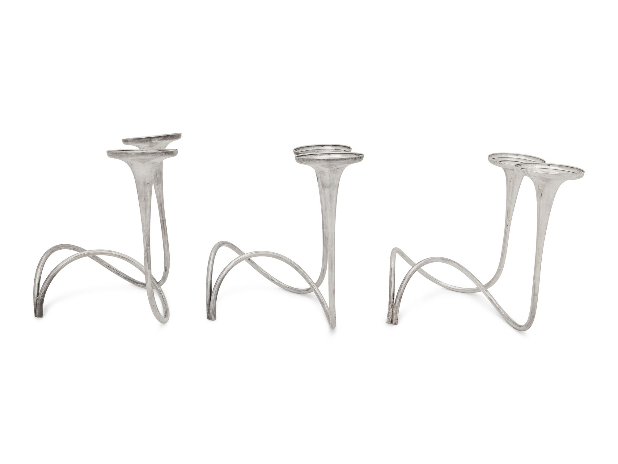 A Set of Three American Modernist Silver Two-Light Candelabra