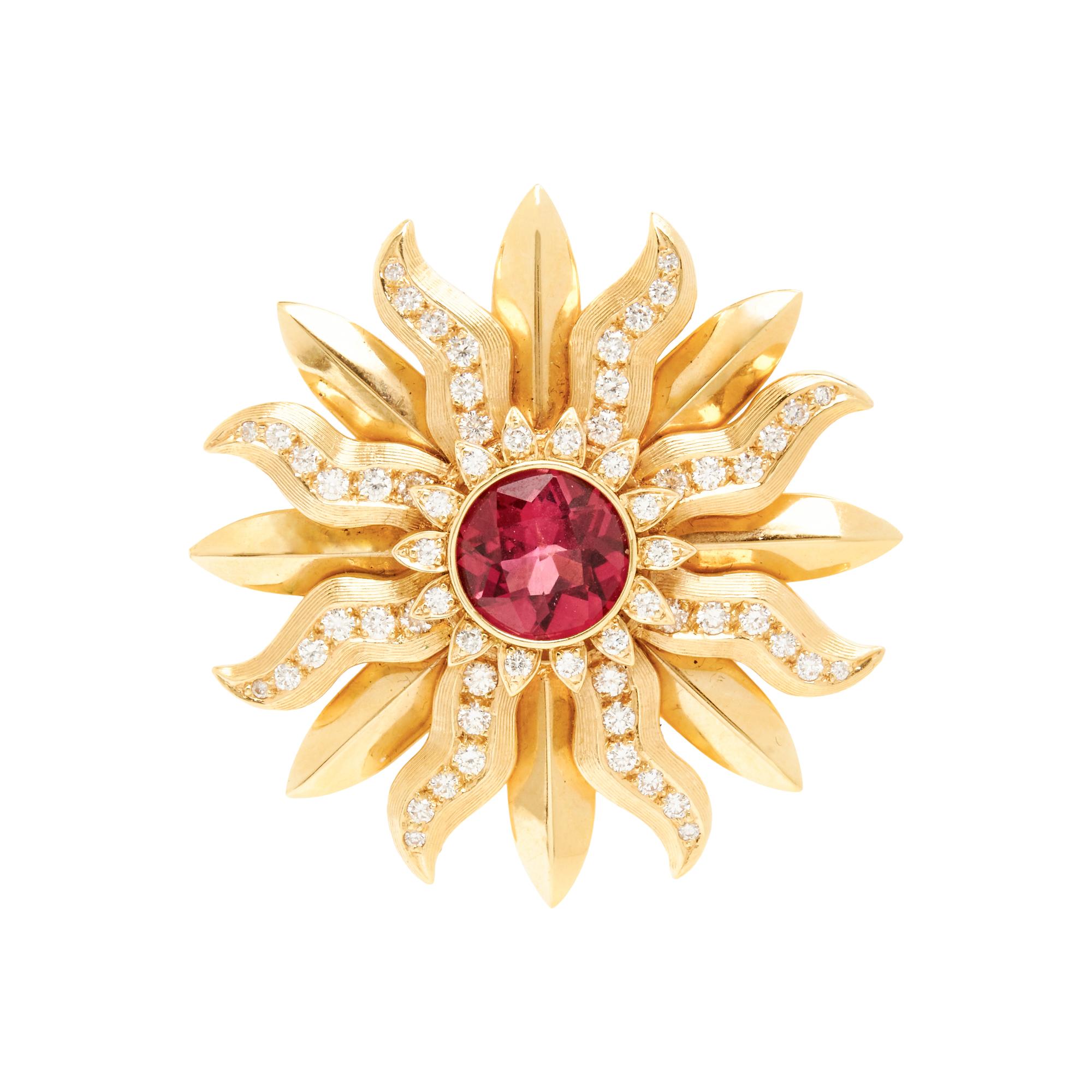 BIELKA, YELLOW GOLD, TOURMALINE AND DIAMOND FLOWER BROOCH