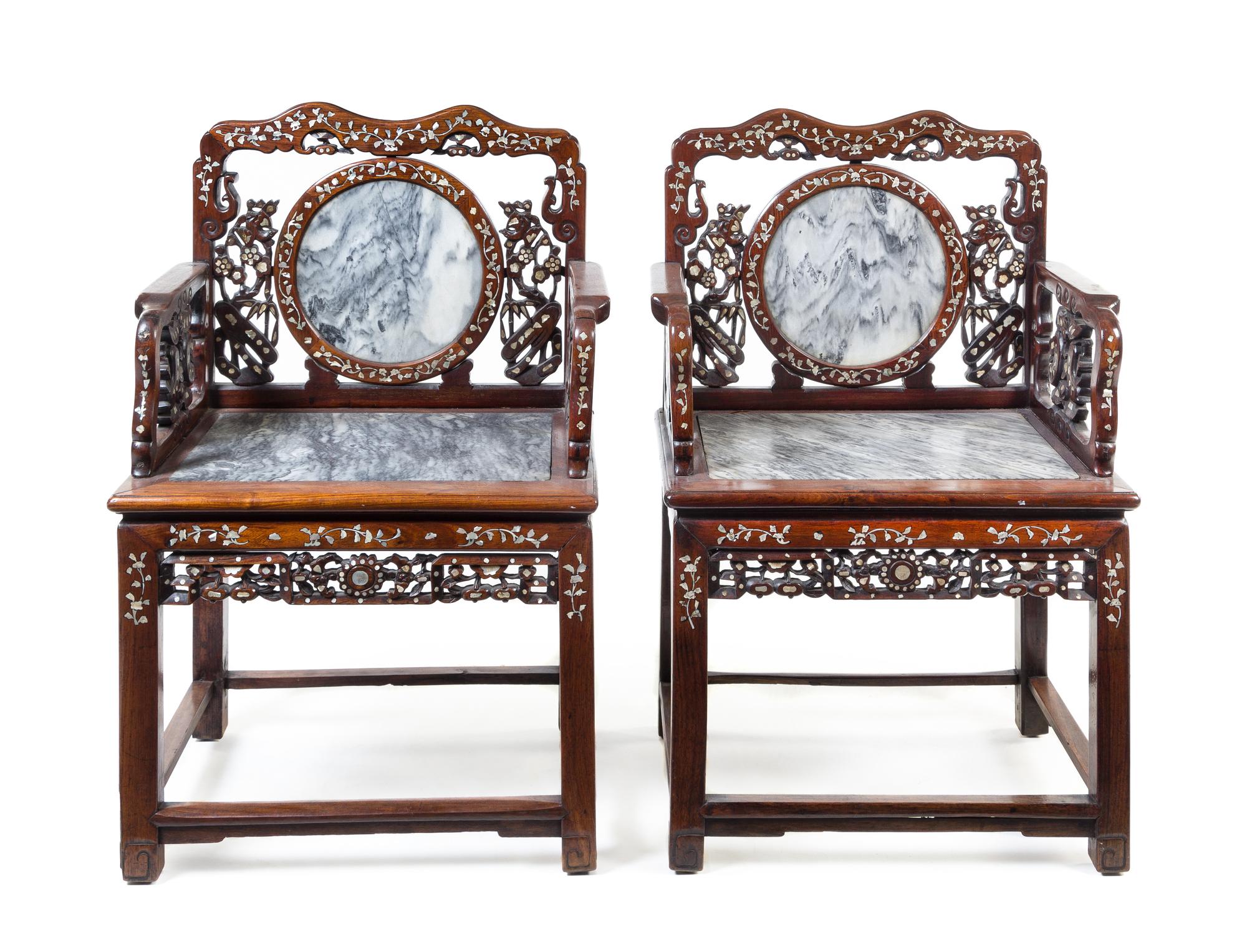 A Pair of Chinese Export Mother-of-Pearl Inlaid Hongmu Chairs