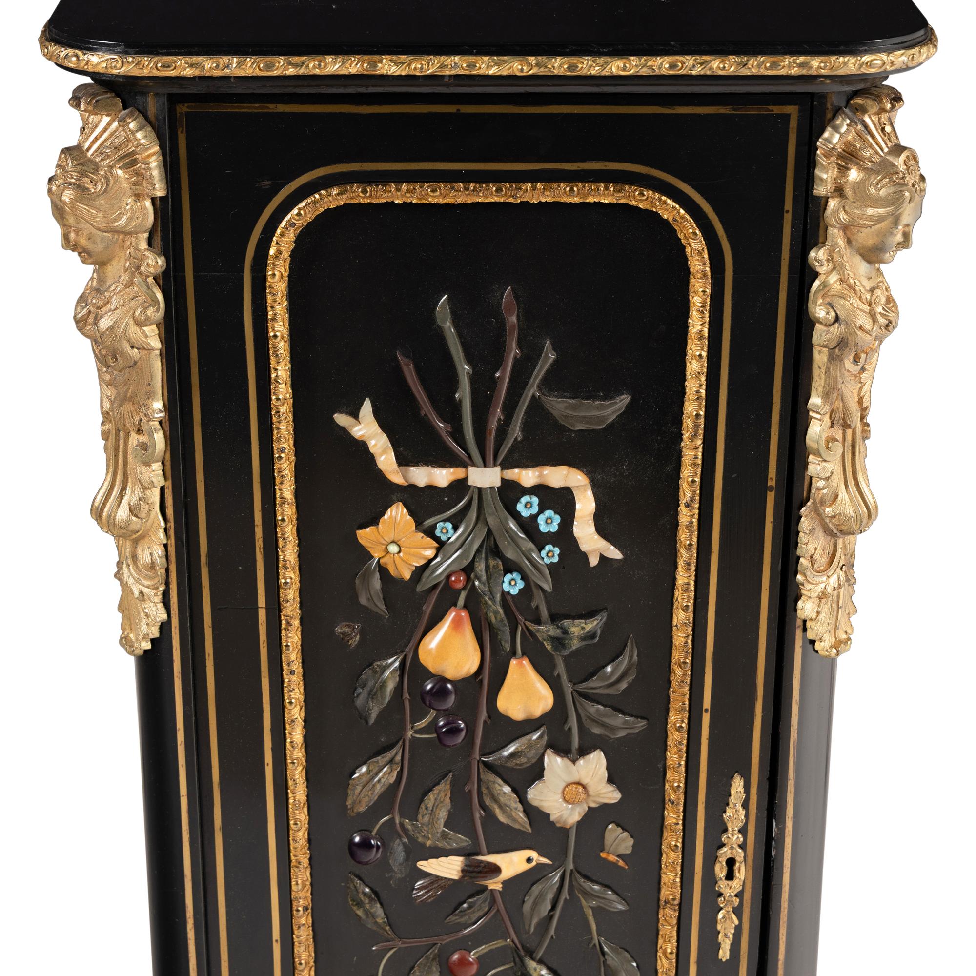 A Napoleon III Style Ebonized, Hardstone-Inset and Gilt Bronze Mounted Pedestal Cabinet