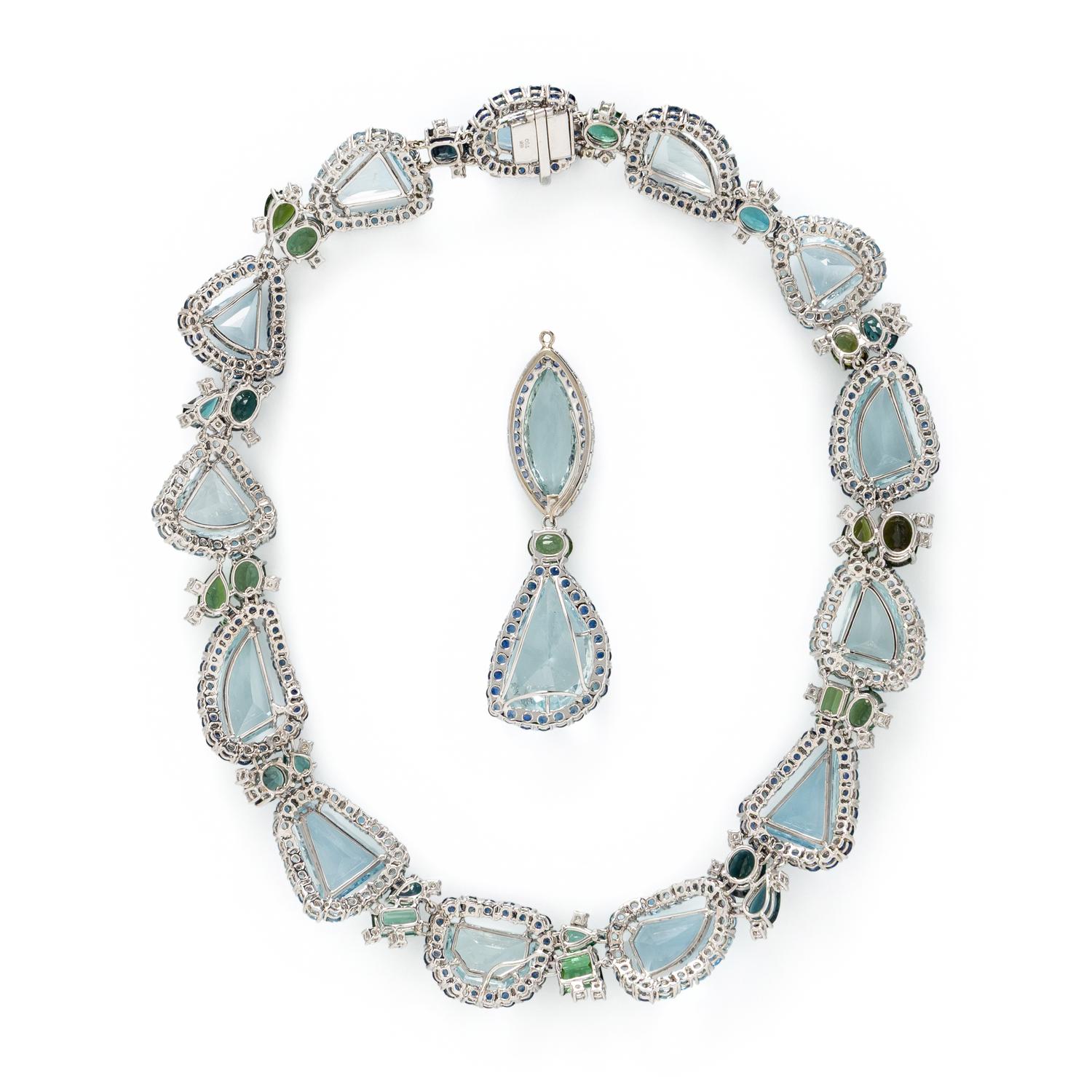 AQUAMARINE, TOURMALINE, DIAMOND, AND WHITE GOLD NECKLACE WITH CONVERTIBLE PENDANT DROPS