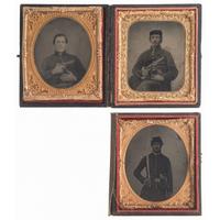 Three Sixth Plate Tintypes of Soldiers Armed with Pistols and Sword, One Displaying a Rare Bacon Percussion Revolver