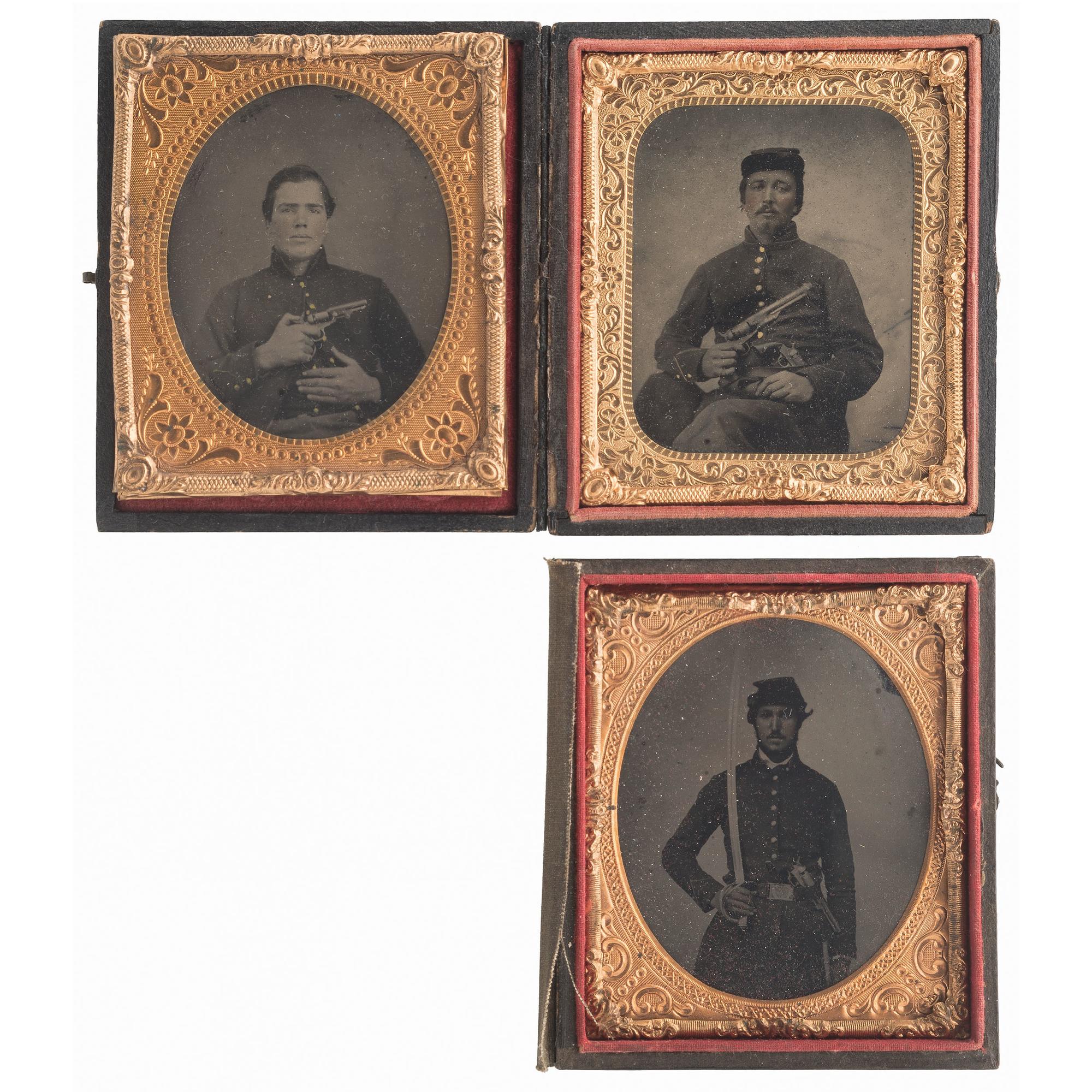Three Sixth Plate Tintypes of Soldiers Armed with Pistols and Sword, One Displaying a Rare Bacon Percussion Revolver